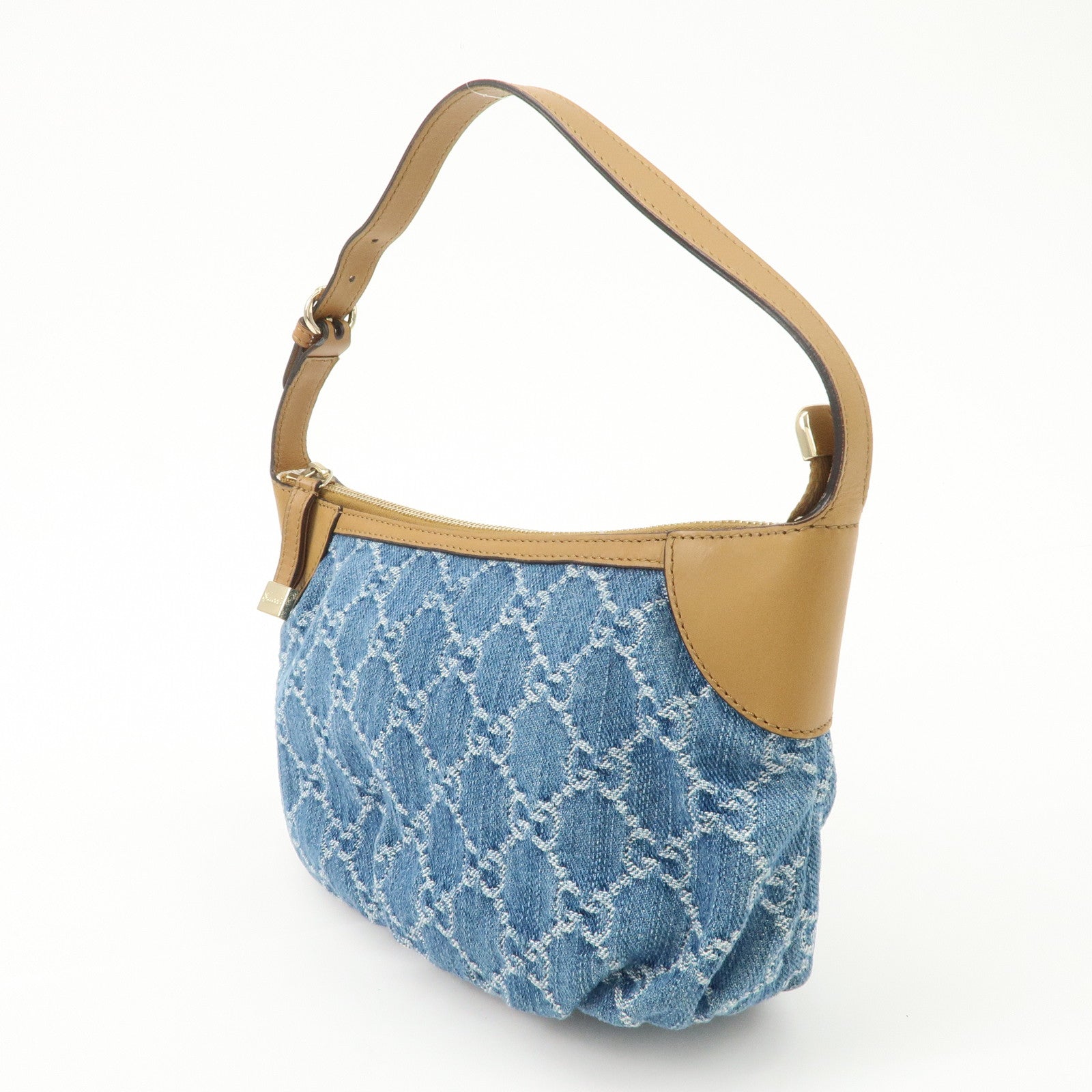 GUCCI GG Denim Leather Accessory Pouch Hand Bag Blue Brown 224093 Used