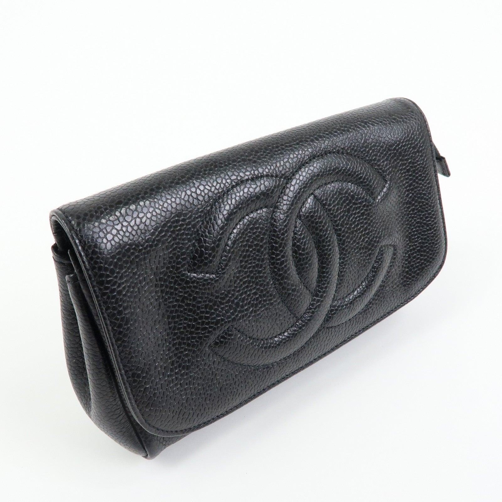 CHANEL COCO Mark Caviarskin Leather Pouch Cosmetic Pouch Black