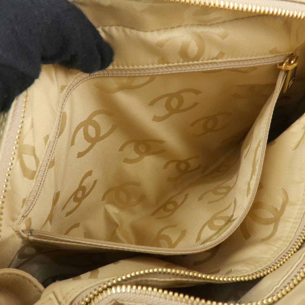 CHANEL Chevron COCO Mark Lamb Skin Chain Shoulder Bag Beige