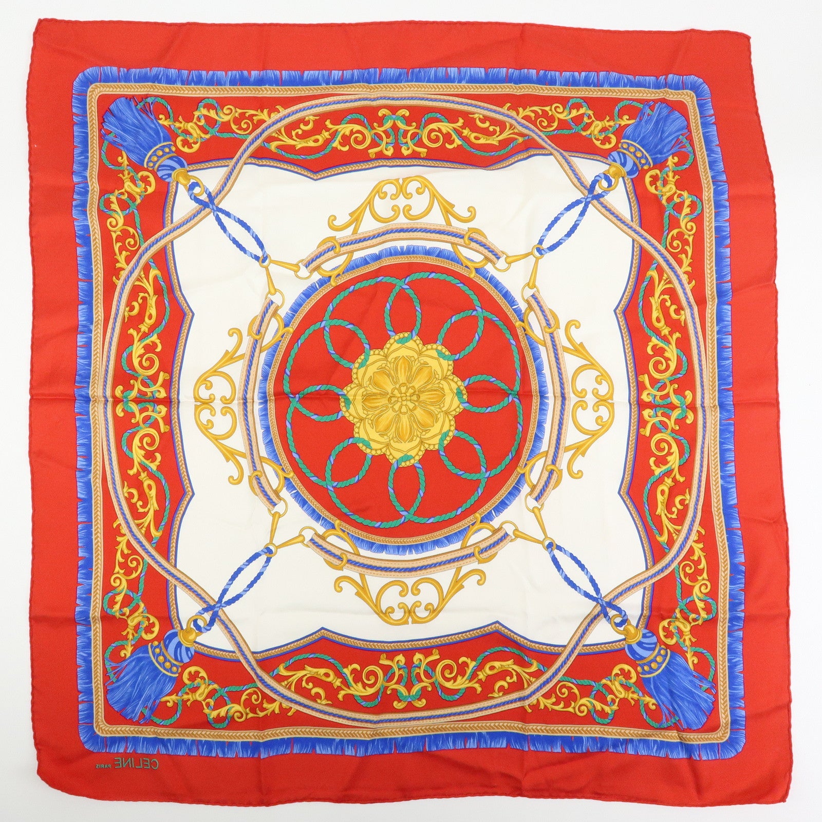 CELINE Silk100% Tassel Chain Print Scarf Shawl Blue Red Yellow