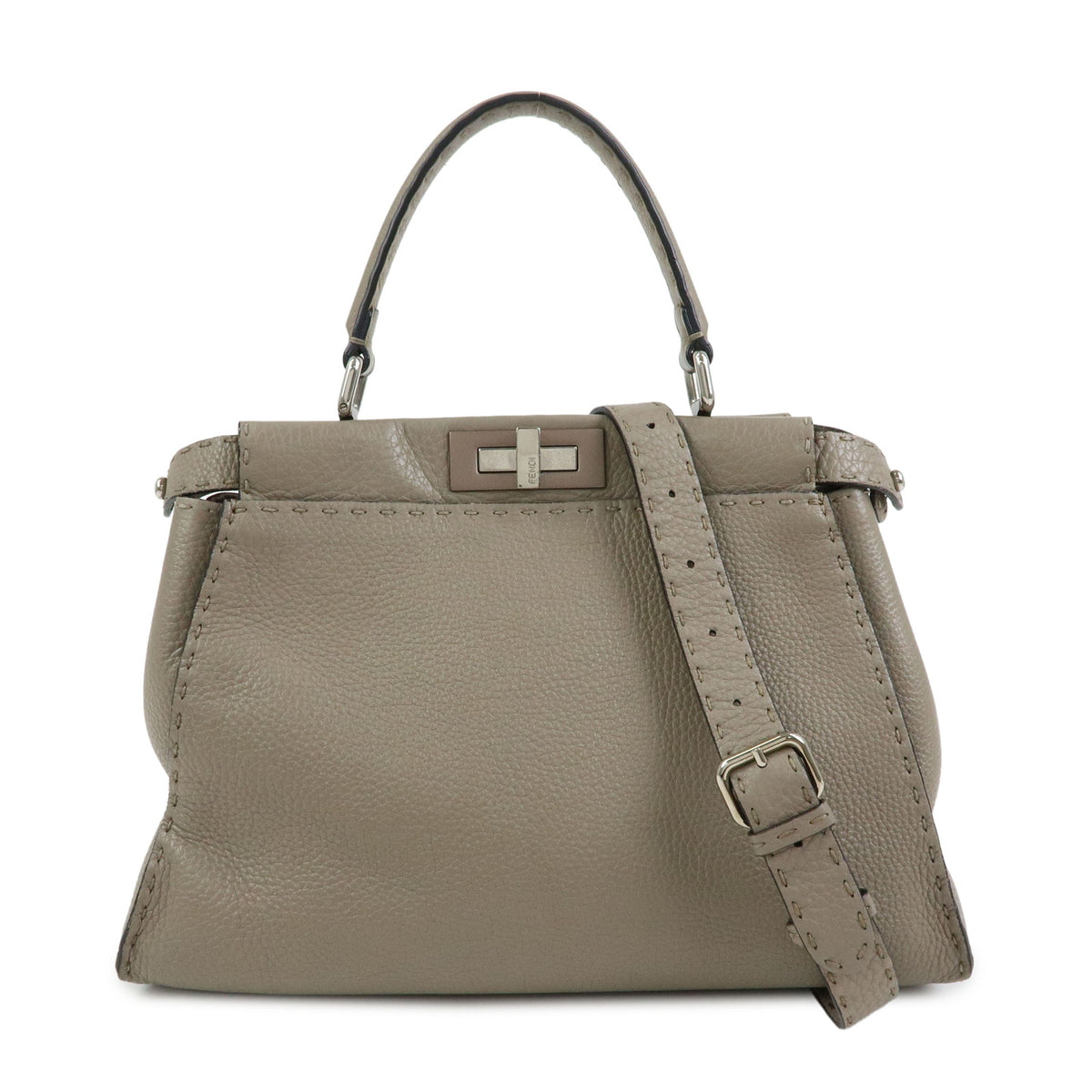 FENDI Peekaboo Medium Leather 2Way Bag Hand Shoulder Bag Greige 8BN290