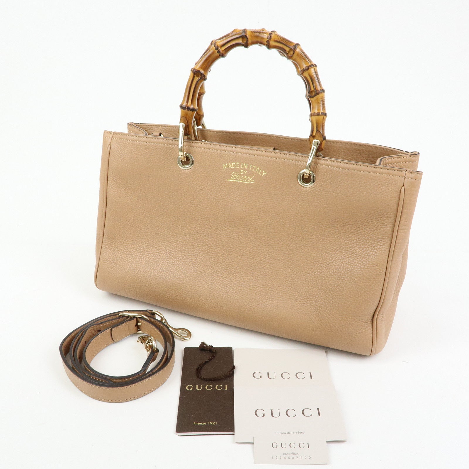 GUCCI Bamboo Shopper Medium Leather 2WAY Tote Bag Pink Beige 323660