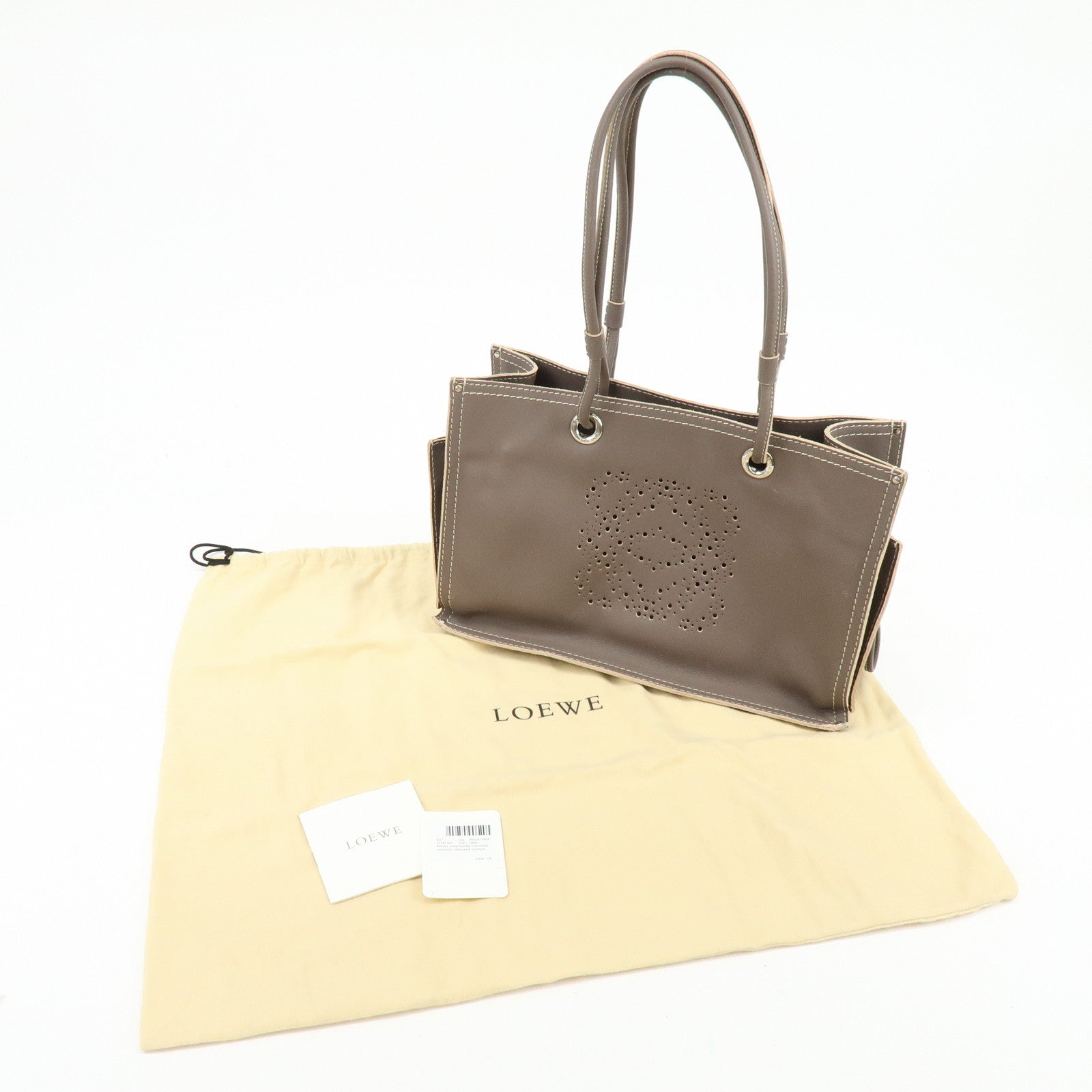 LOEWE Anagram Perforated Shopper Tote Bag Leather Shoulder Bag Brown