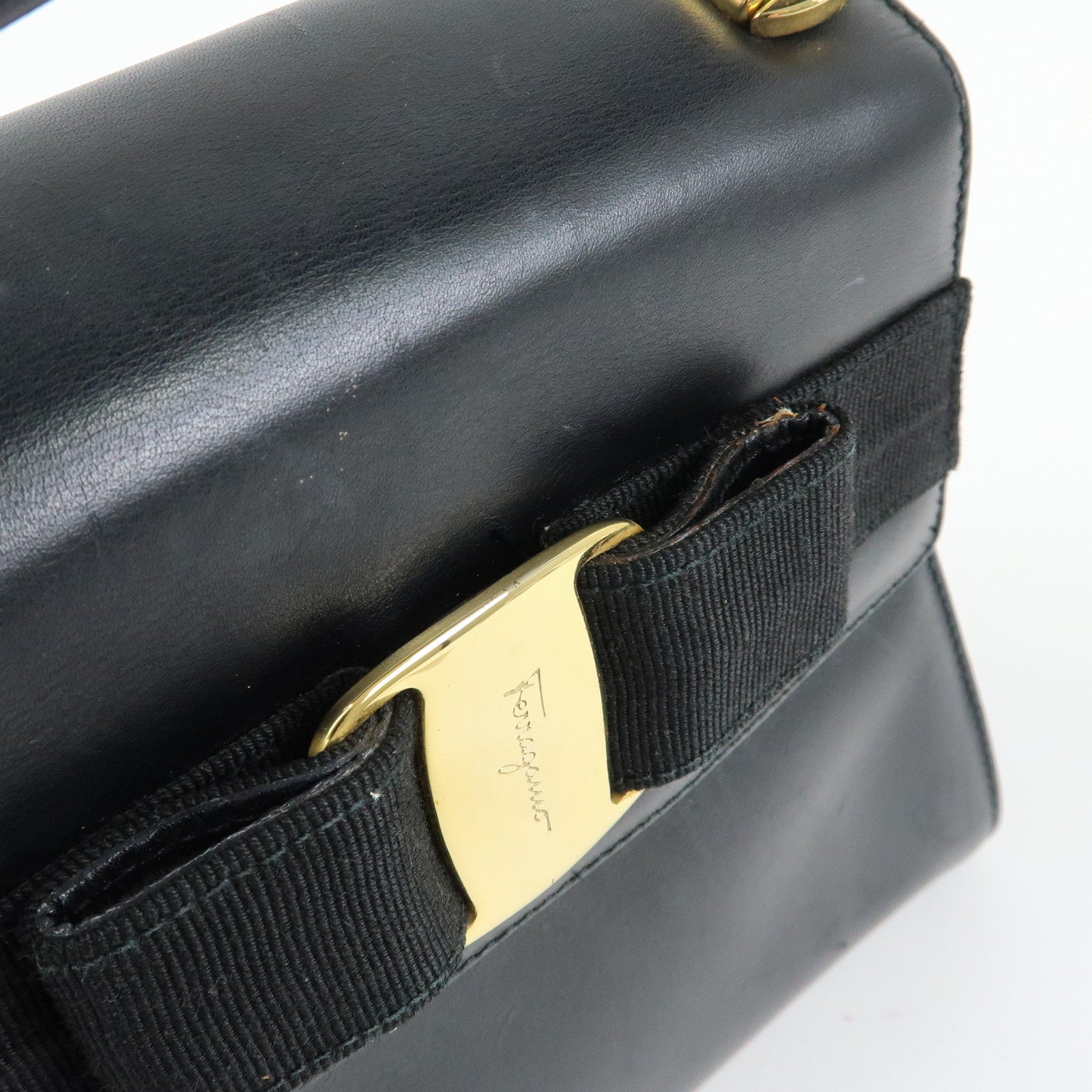 Ferragamo Vara Ribbon Leather 2Way Hand Bag Shoulder Bag Black