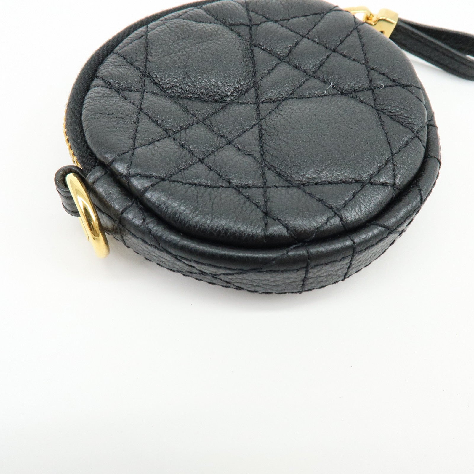 Christian Dior Caro Cannage Calf Skin Round Coin Case Bag Charm Black