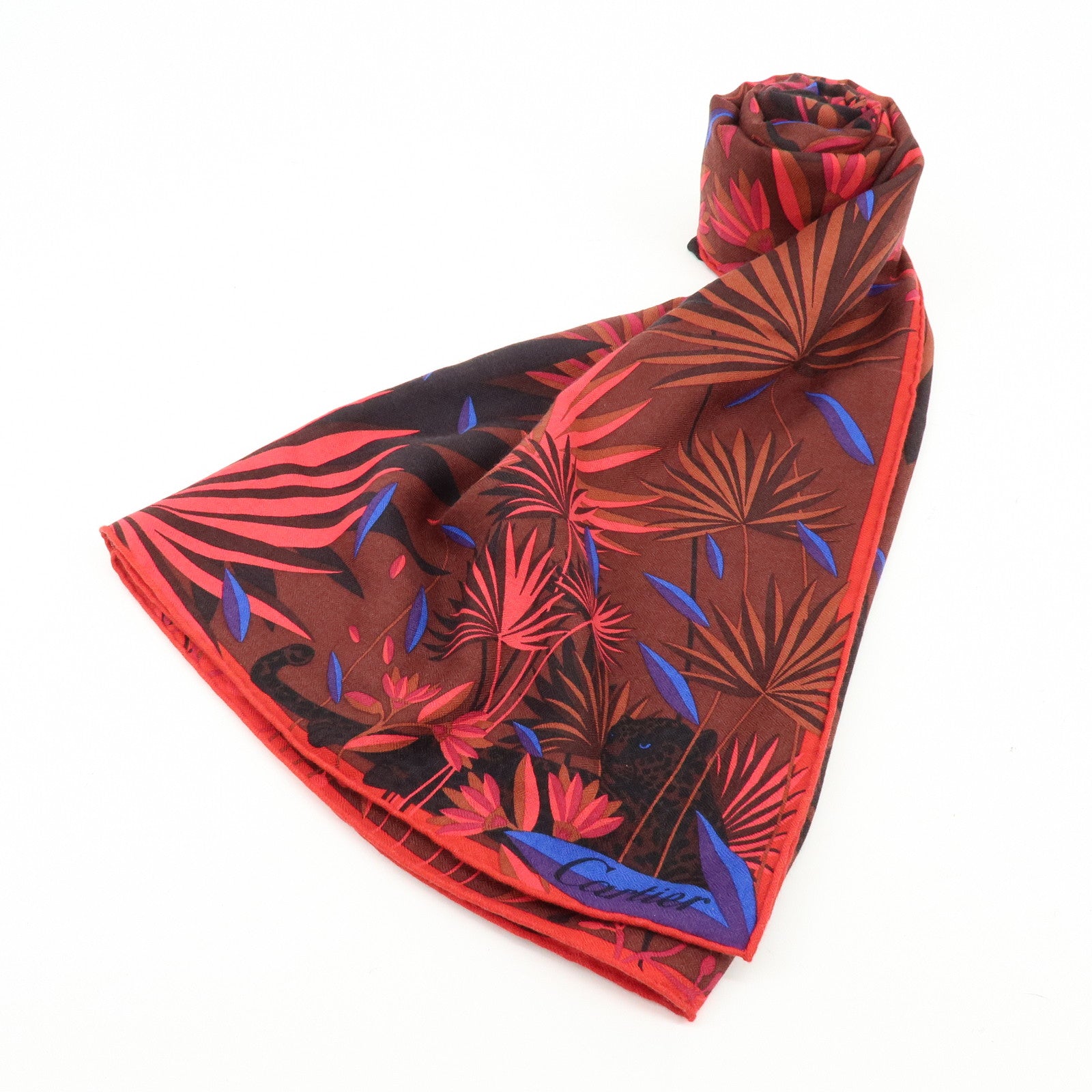 Cartier Cashmere Silk Scarf Stole Brown Purple Blue Black Coral