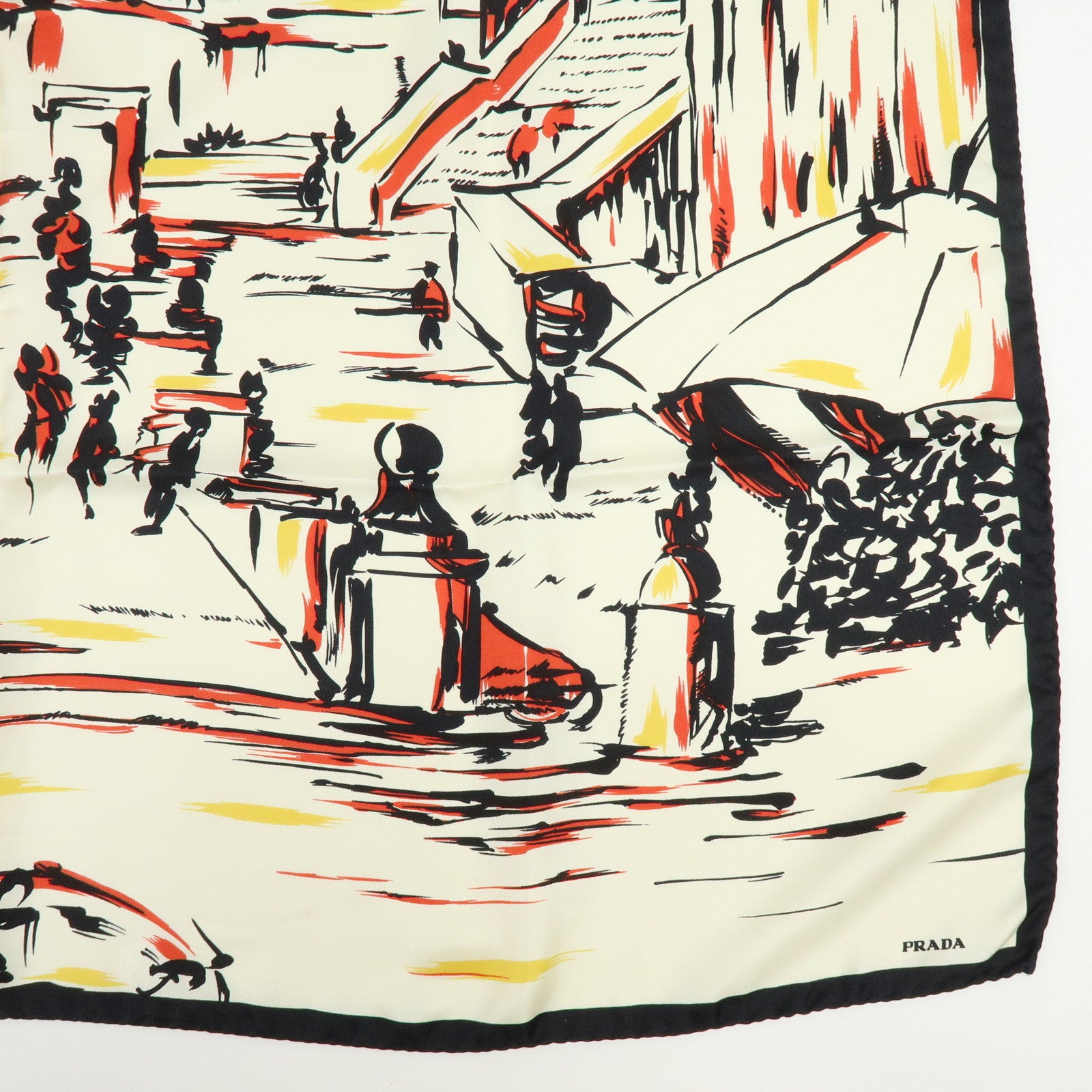 PRADA Silk Townscape Print Scarf Shawl White Black Red Yellow
