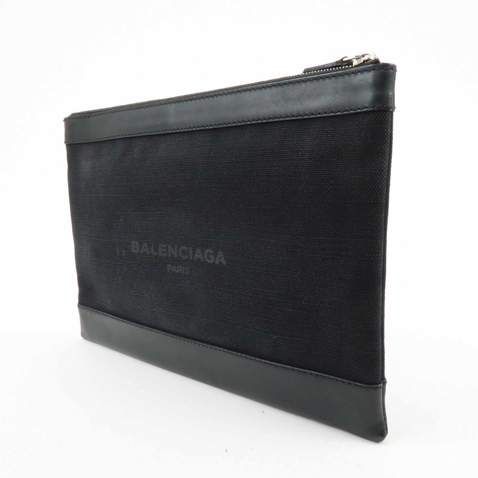 BALENCIAGA Navy Clip M Canvas Leather Clutch Bag Black 373834