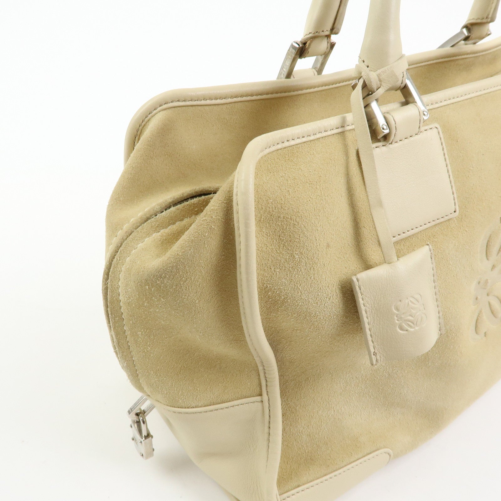 LOEWE Amazona 36 Suede Leather Boston Bag Hand Bag Beige Ivory