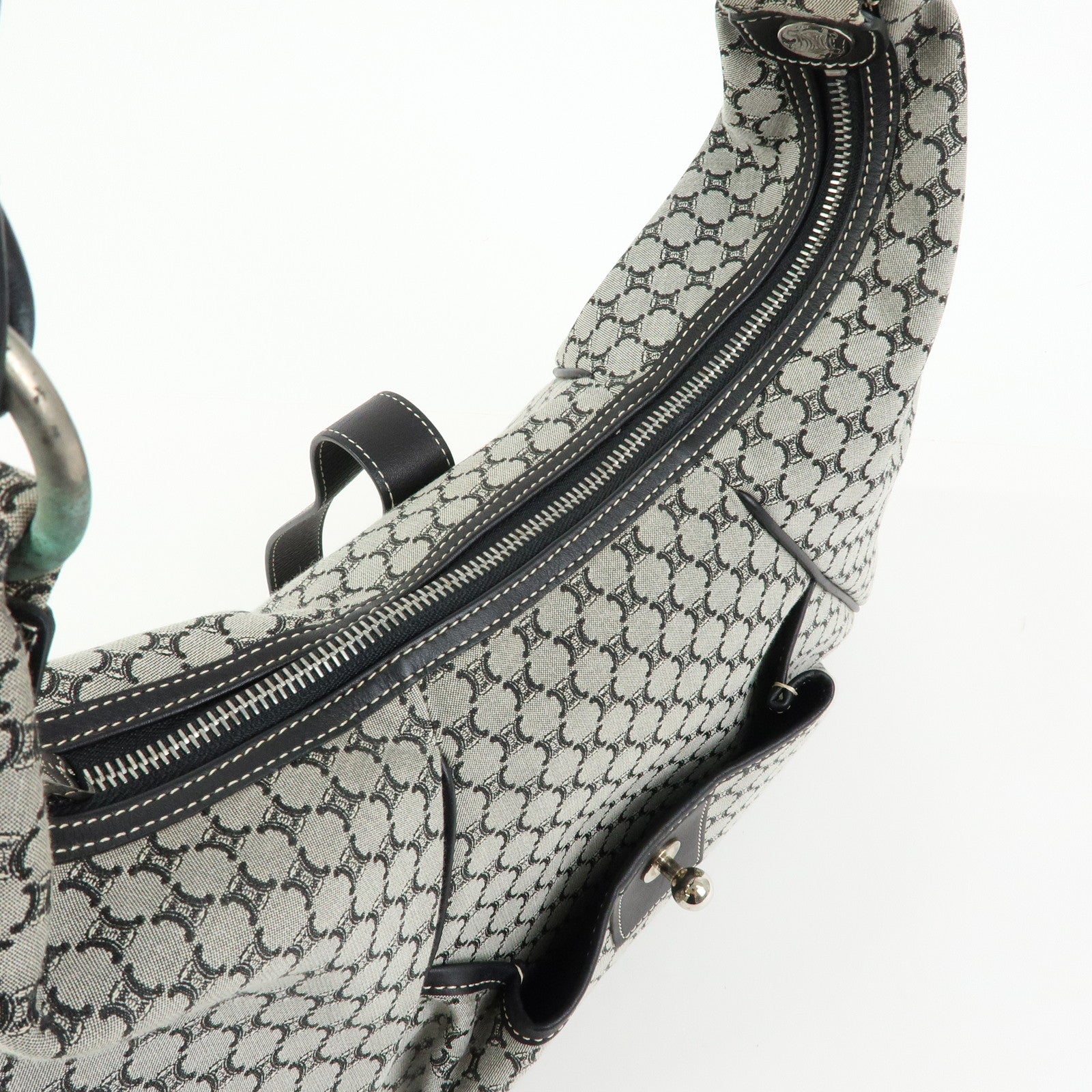CELINE Macadam Canvas Leather Shoulder Bag Grey Black Silver