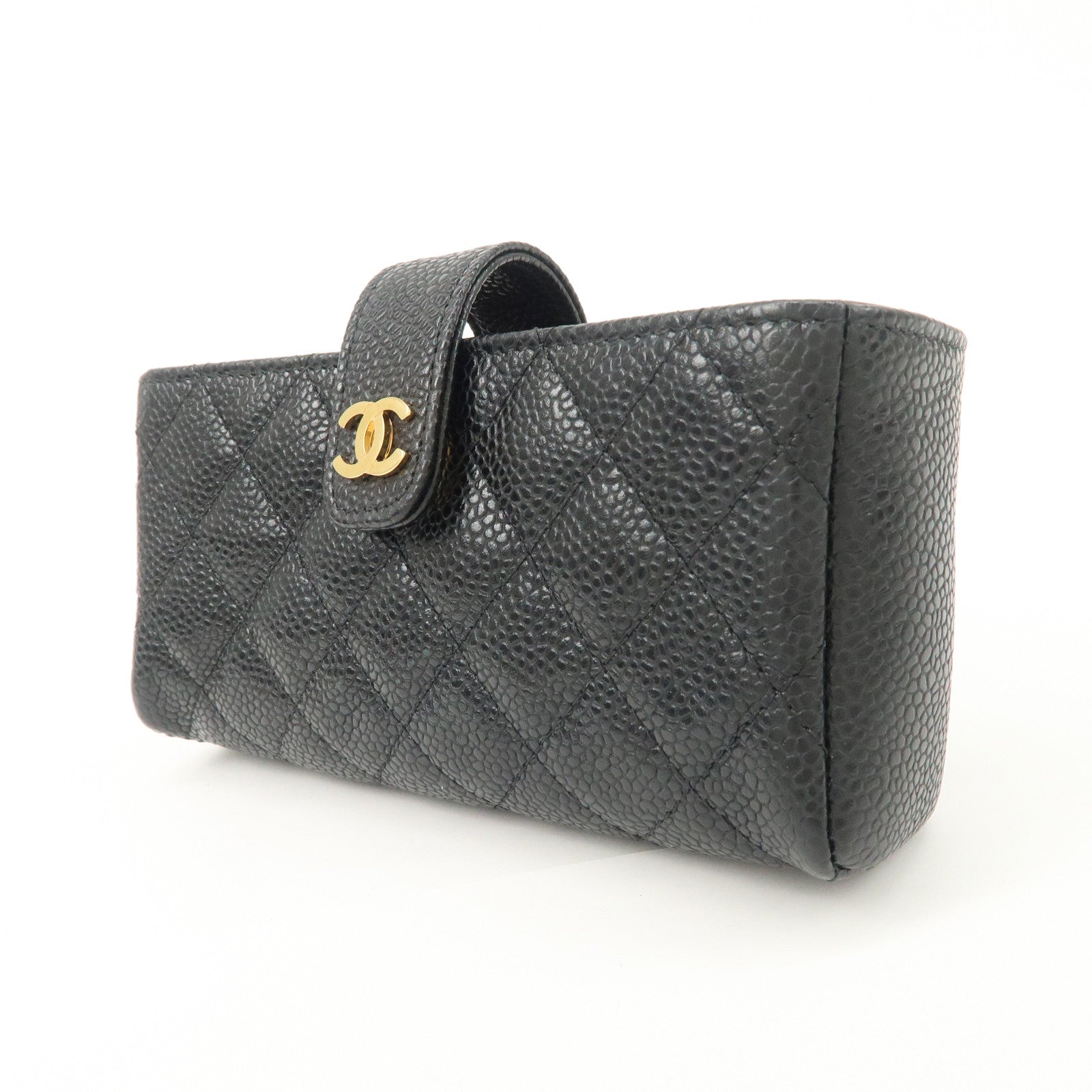 CHANEL COCO Mark Matelasse Caviarskin Pouch Black Gold A48227 Used