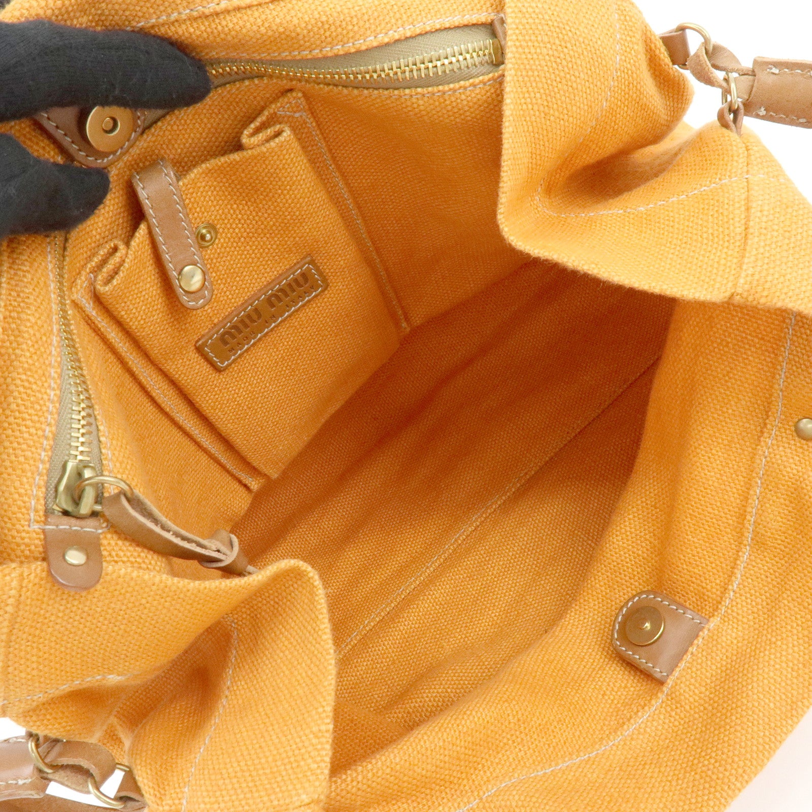 MIU MIU Canvas Leather Tote Bag Shoulder Bag Tassel Orange Brown