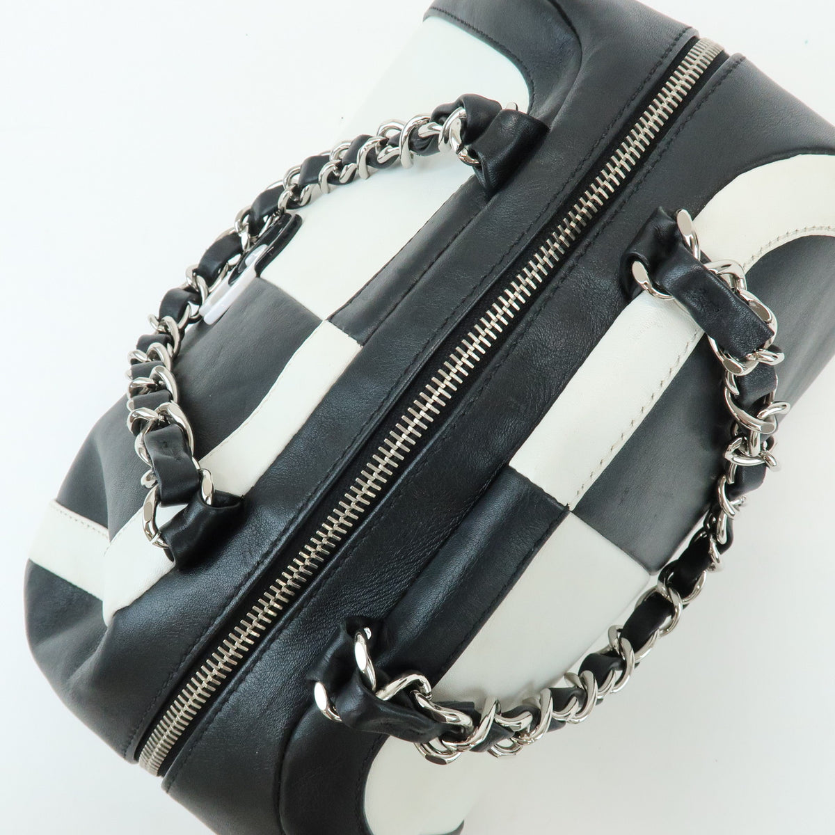 CHANEL COCO Mark Bicolor Lamb Skin Bowling Bag Hand Bag Black White