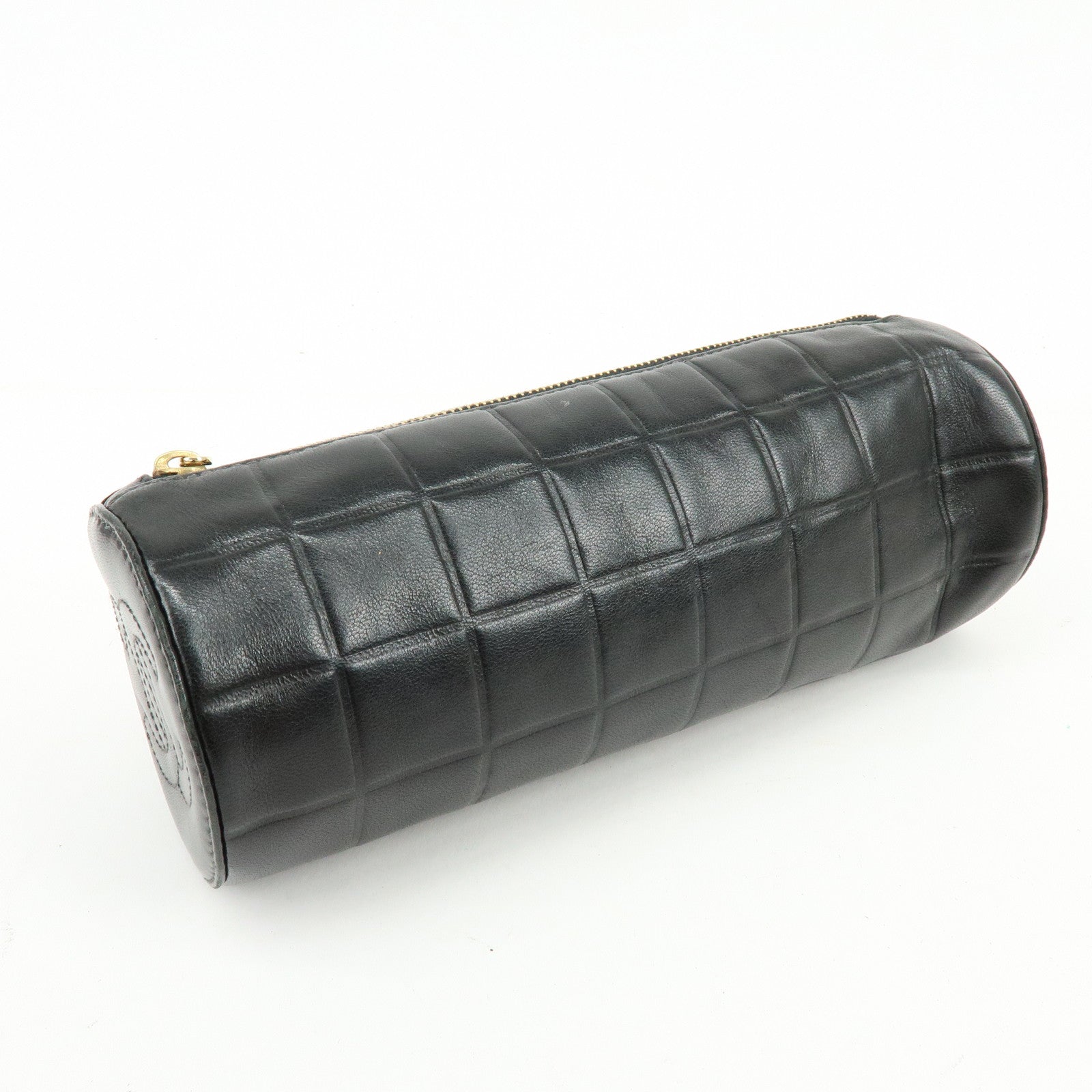 CHANEL COCO Mark Chocolate Bar Lamb Skin Cosmetic Pouch Black Gold