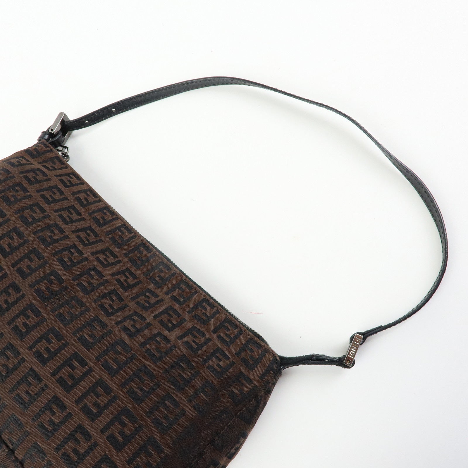 FENDI Zucchino Canvas Leather Shoulder Bag Brown Black 8BR267