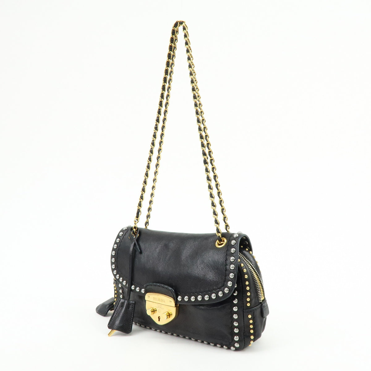 PRADA Leather Chain Shoulder Bag Studded Black Gold Silver BR4588
