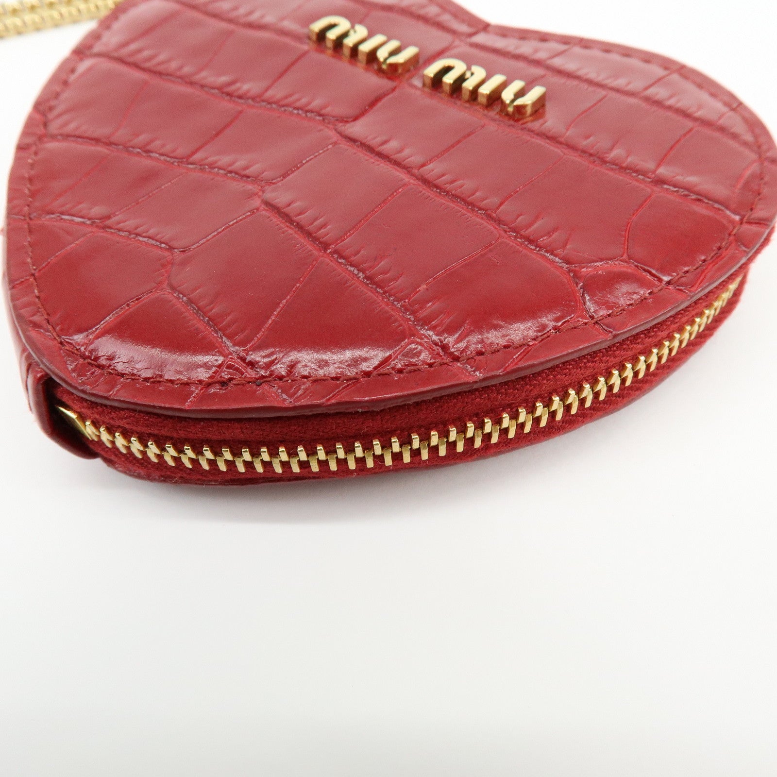 MIU MIU Embossed Leather Coin Case Bag Charm Heart Motif Red 5TL358
