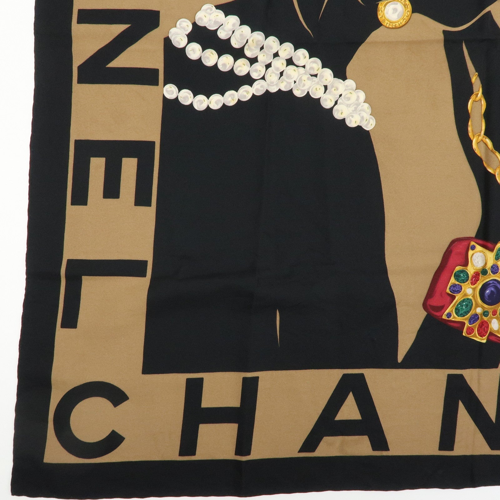 CHANEL Silk 100% Scarf Pearl Jewelry Brown Black Gold Multicolor