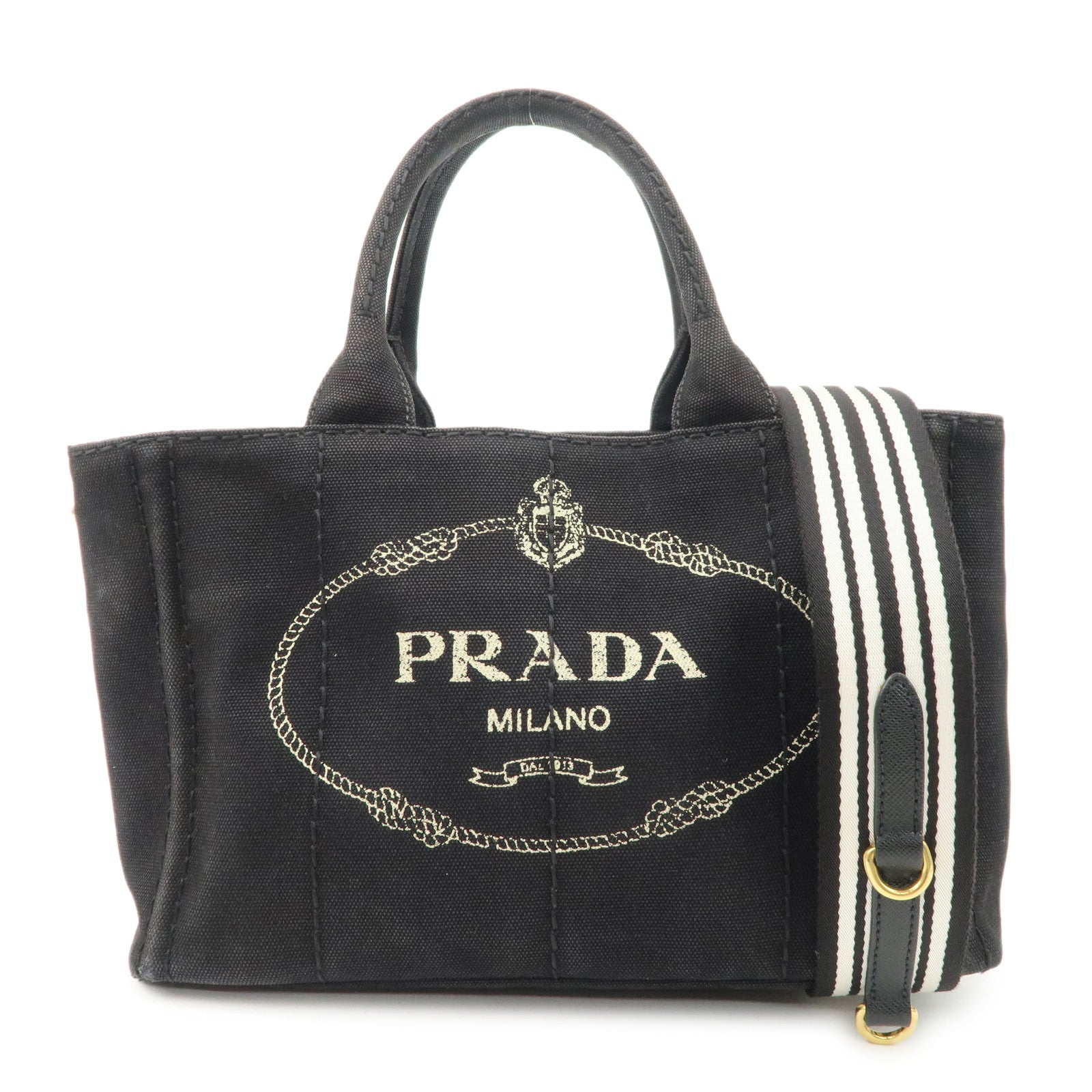 PRADA Logo Denim Canapa Canvas 2 Way Tote Bag Hand Bag Black B2642B Used