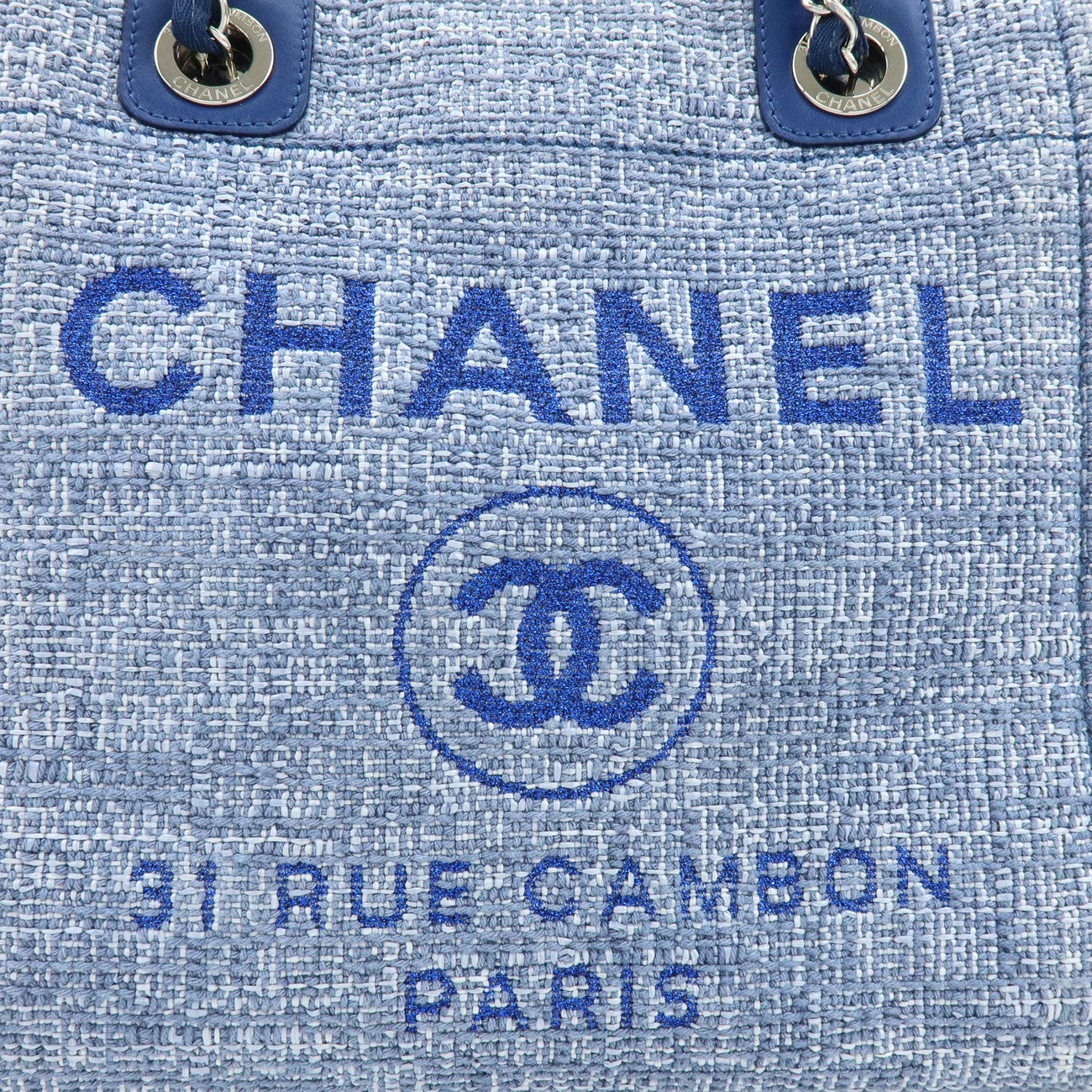 CHANEL Deauville PM Jaquard Canvas Leather Chain Tote Bag Blue A66939