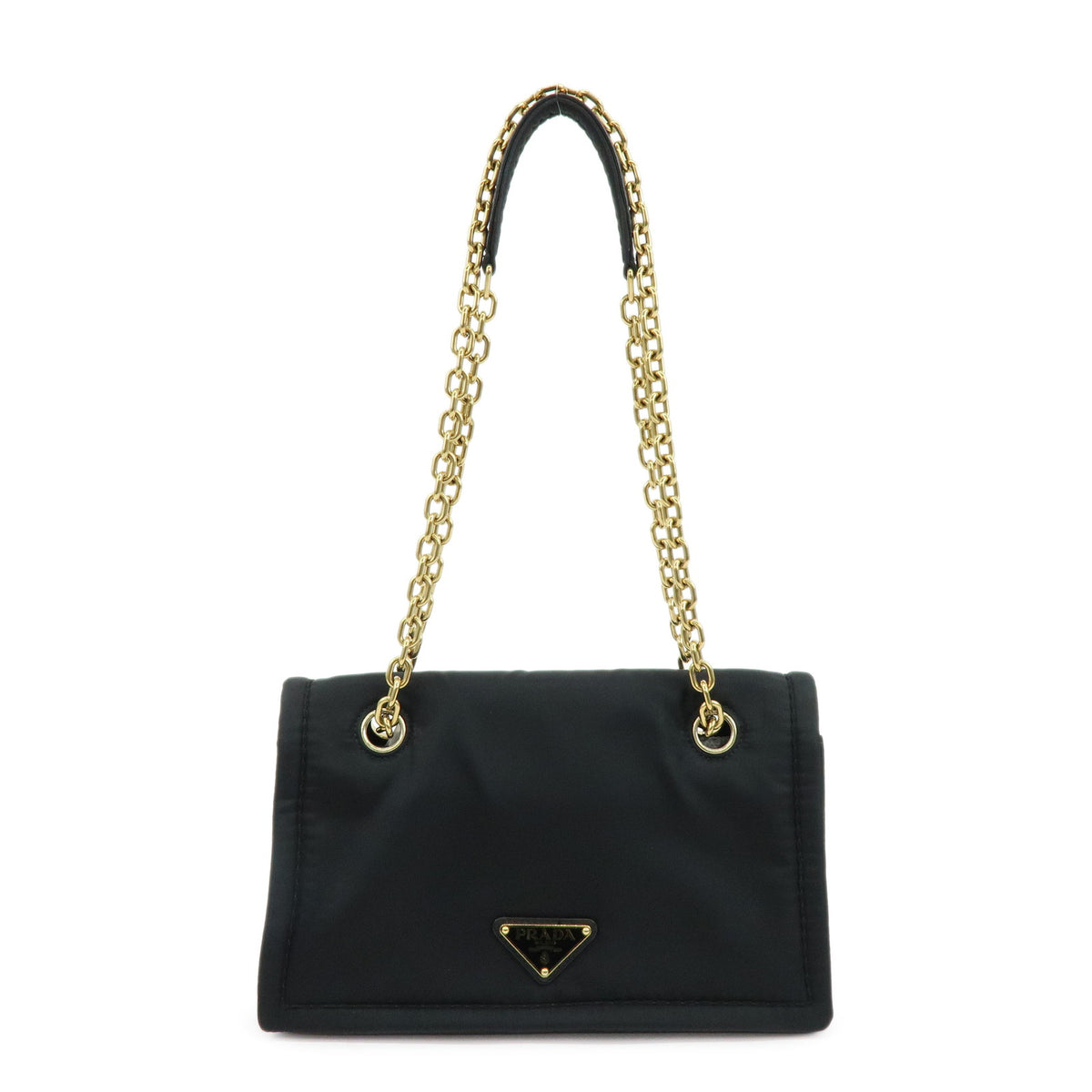 PRADA Triangle Logo Nylon Leather Chain Shoulder Bag Black 1BD199