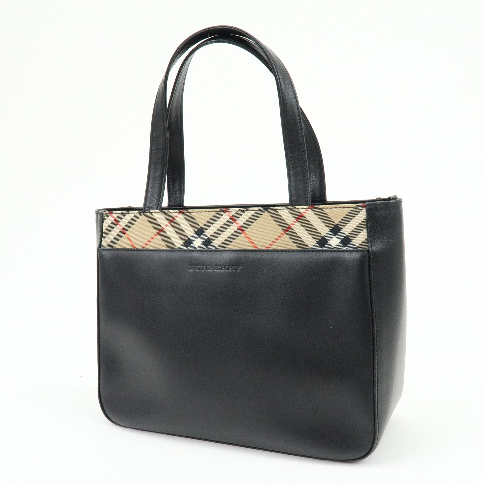 BURBERRY Logo Leather Tote Bag Hand Bag Nova Plaid Black