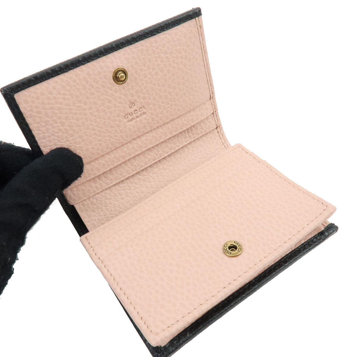 GUCCI Double G Leather Compact Bi-fold Wallet Ribbon Motif Black 524289