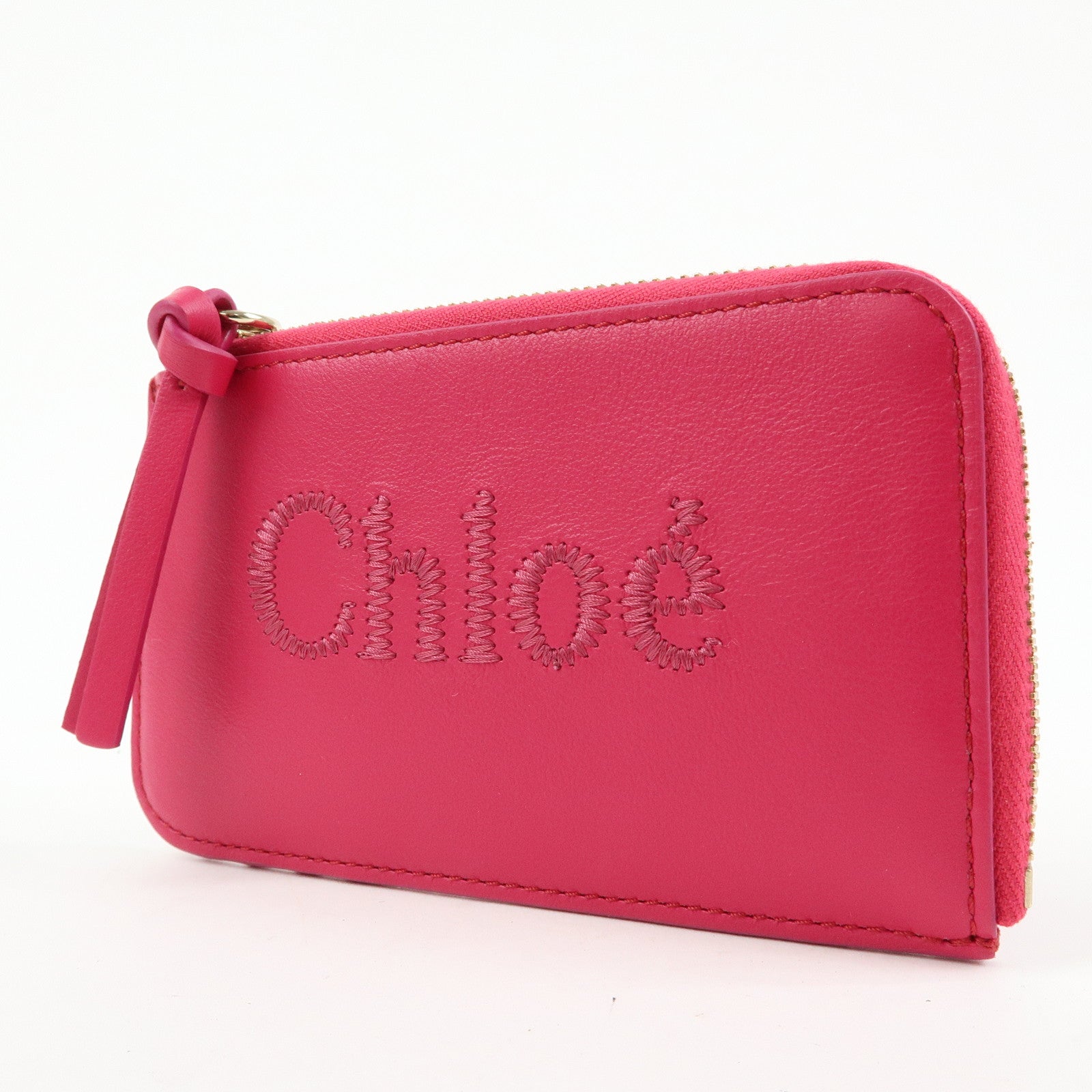 Chloe Logo Leather Card Case Key Case Pink