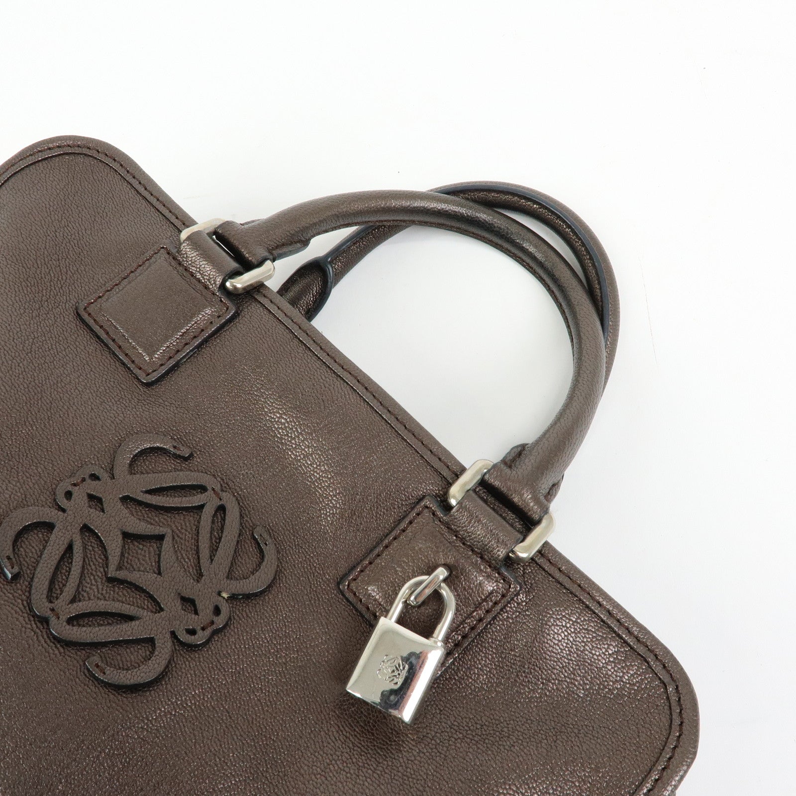 LOEWE Anagram Amazona 28 Leather Hand Bag Boston Bag Metallic Brown