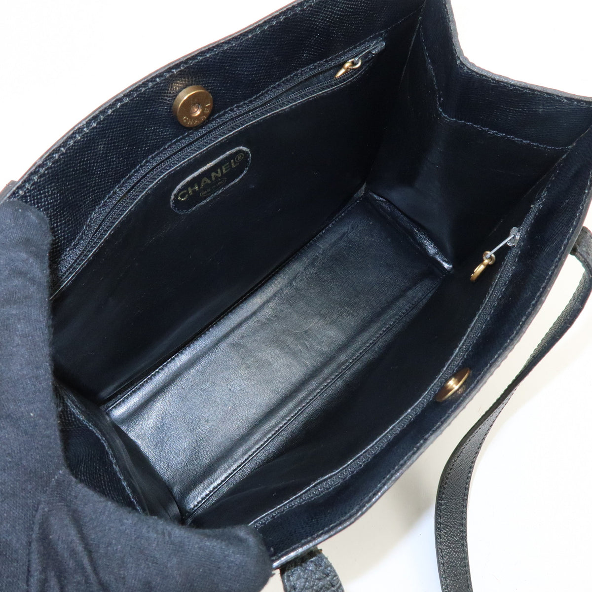 CHANEL Logo Caviarskin Tote Bag Shoulder Bag Black