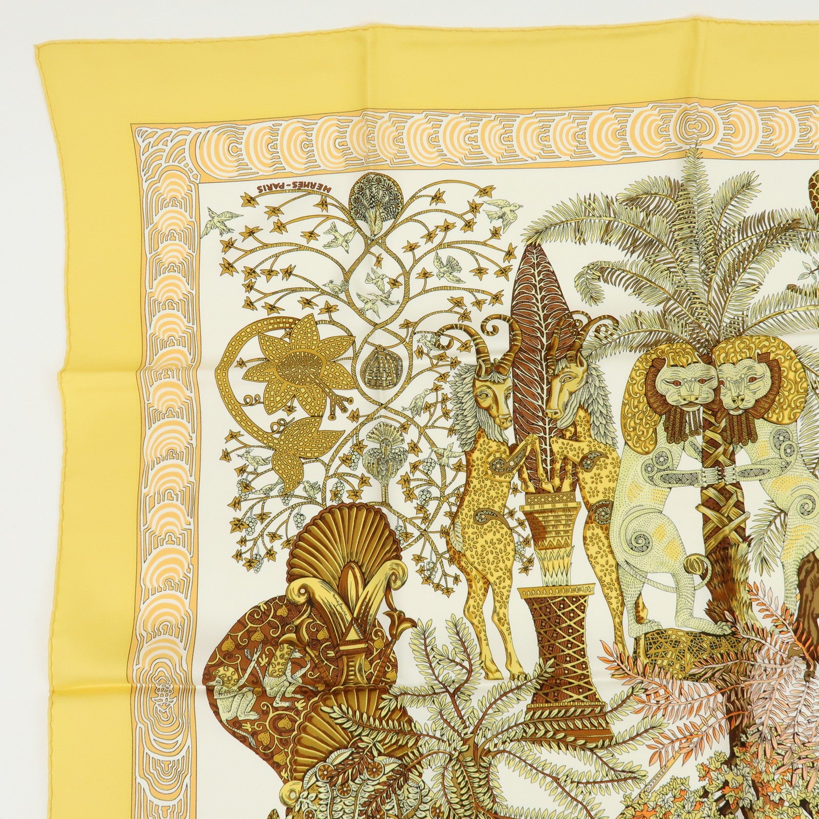 HERMES Carre 90 Silk 100% Scarf LES LEJENDES DE L'ARBRE Yellow Brown