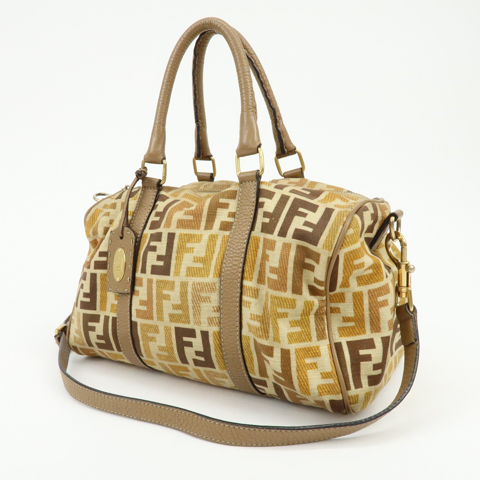 FENDI Zucca Seleria Canvas Leather 2Way Bag Shoulder Bag Brown Beige