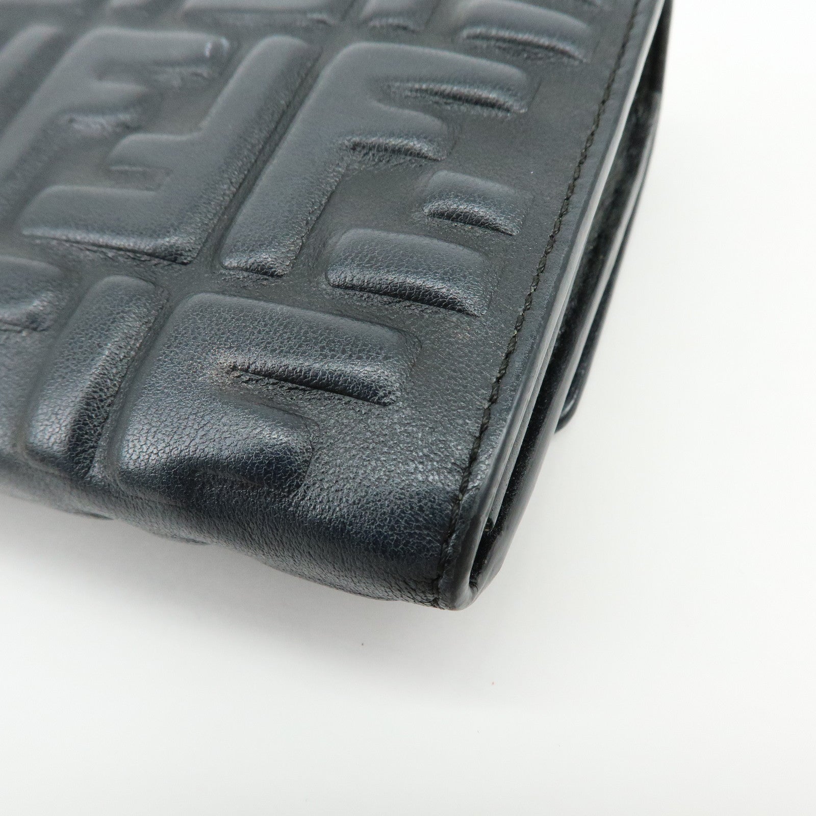 FENDI Baguette Zucca Embossed Leather Chain Long Wallet Black 8M0365