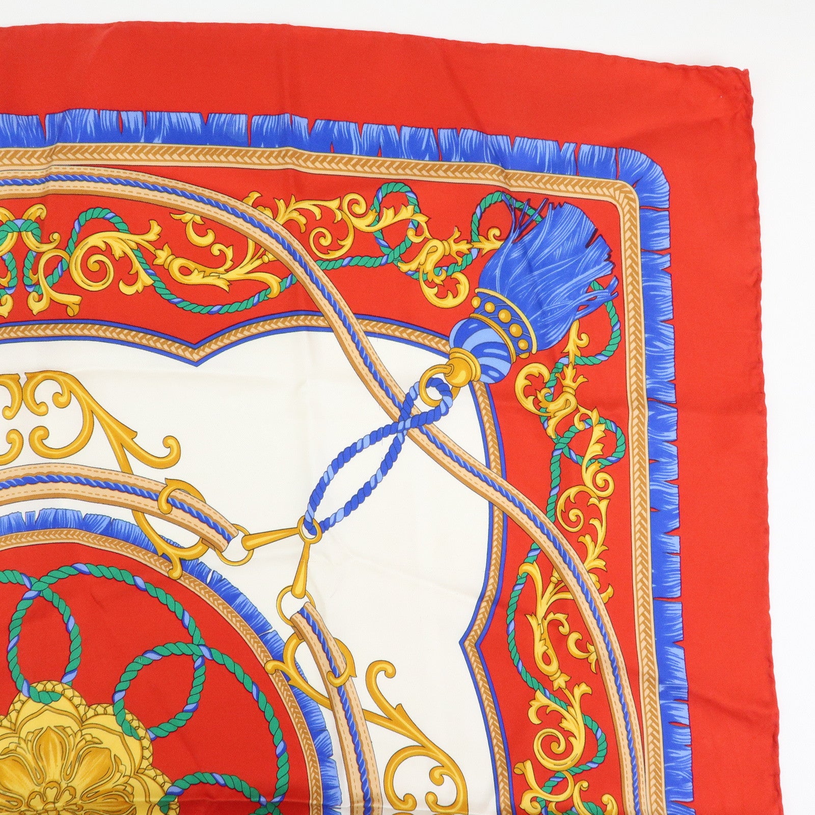 CELINE Silk100% Tassel Chain Print Scarf Shawl Blue Red Yellow