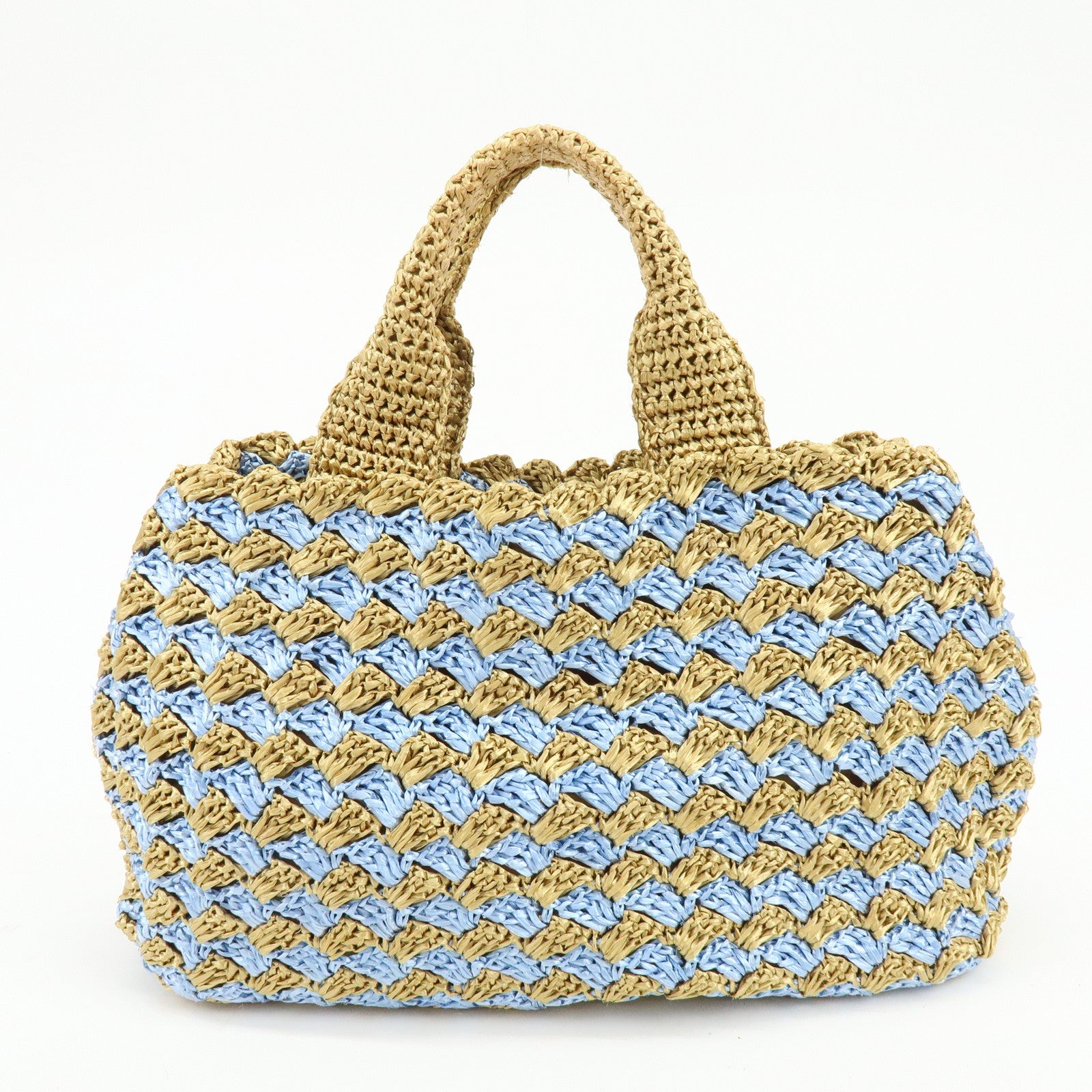 PRADA Traingle Logo Canapa Raffia Tote Bag Hand Bag Natural Blue