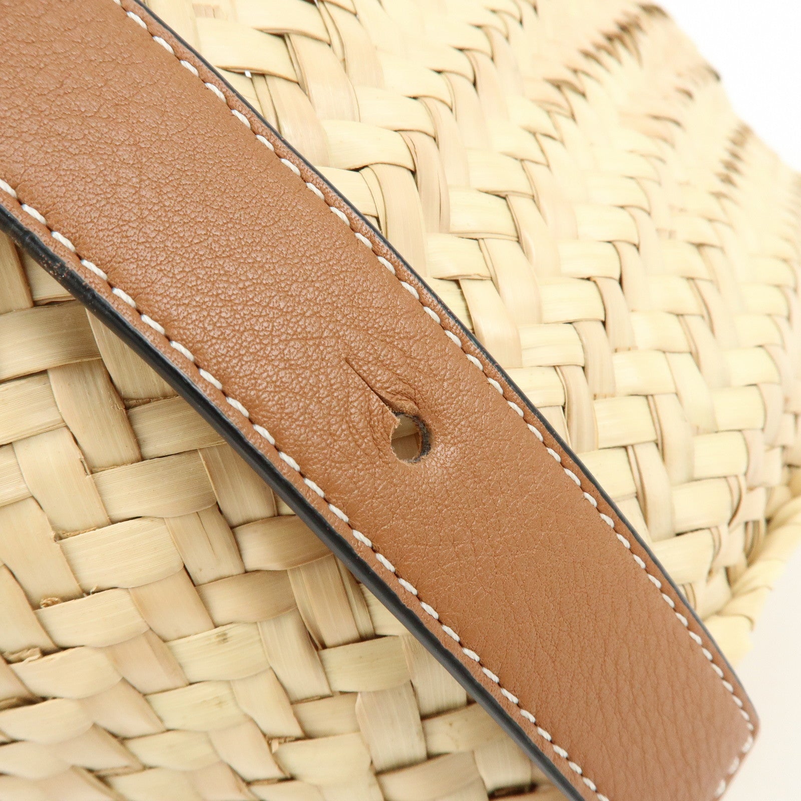 LOEWE Raffia Leather Basket Bag Hand Bag Natural Tan