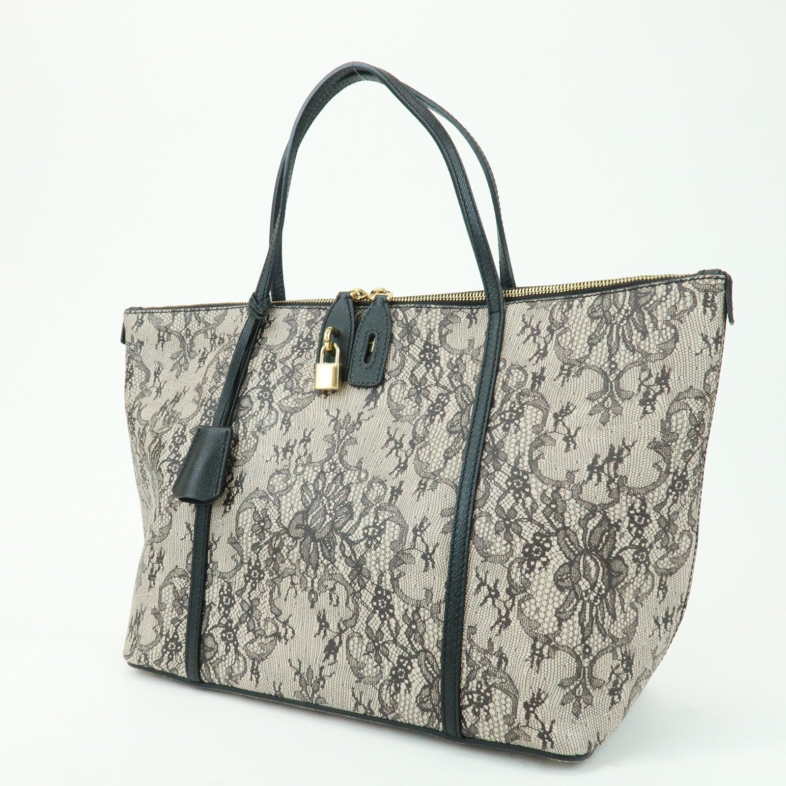 Dolce & Gabbana PVC Leather Tote Bag Shoulder Bag Lace Print Ivory