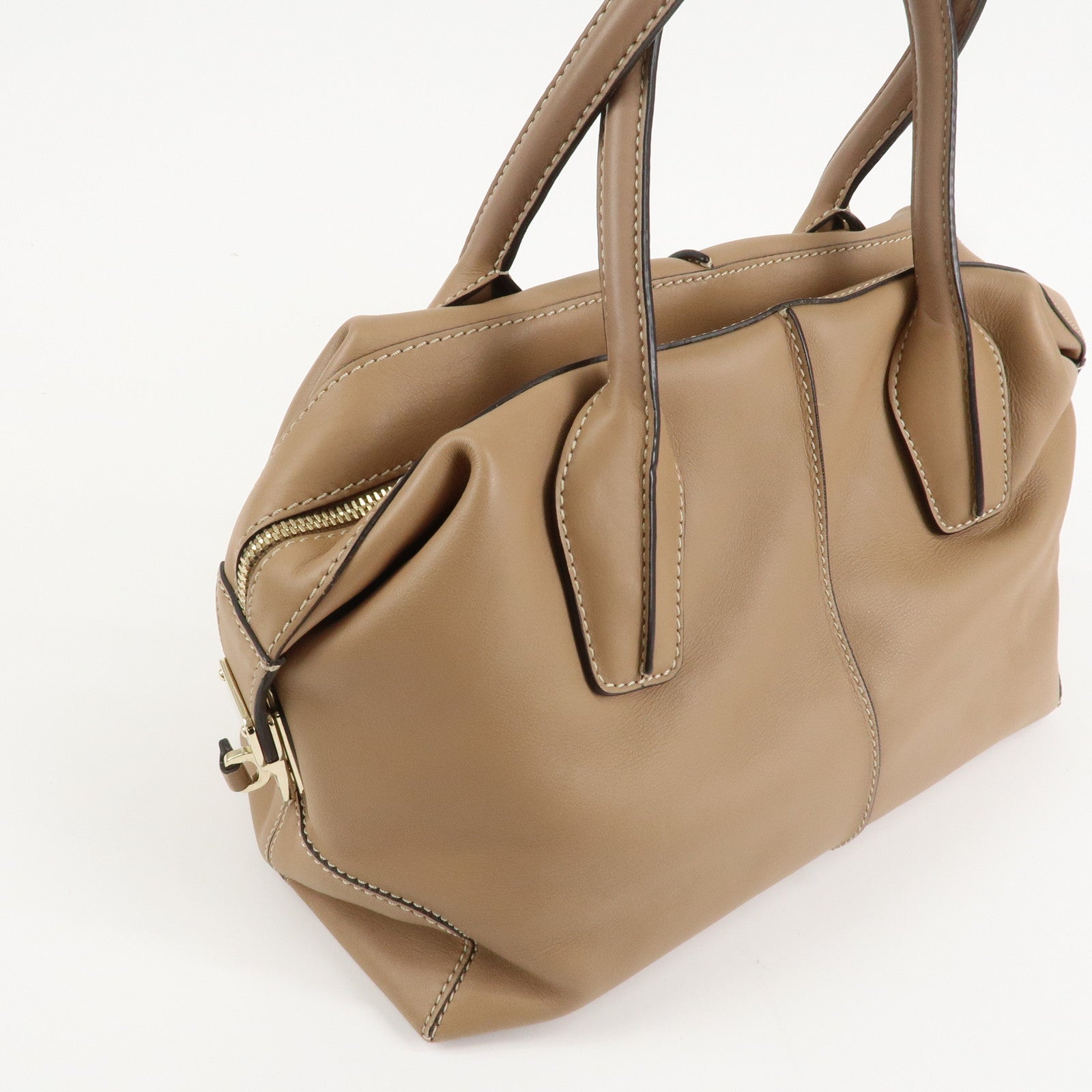 TOD'S Leather Shoulder Bag Boston Bag Hand Bag Beige Used