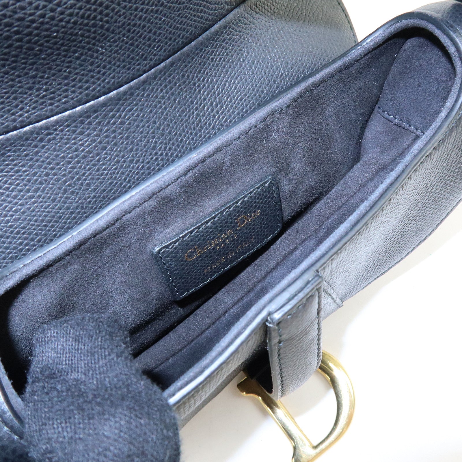 Christian Dior CD Logo Saddle Bag Leather Hand Bag Black