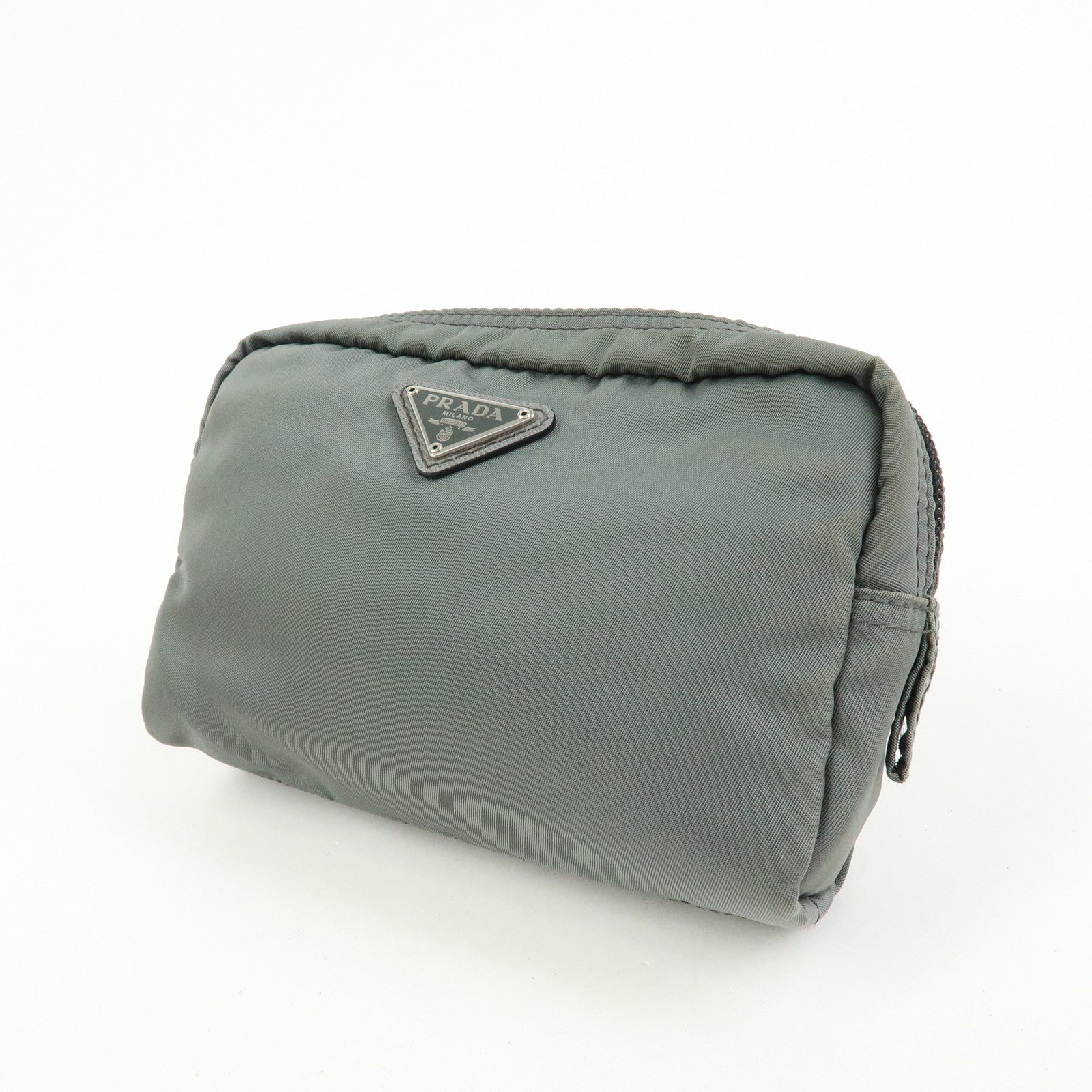 PRADA Triangle Logo Nylon Pouch Cosmetic Case Makeup Case Gray
