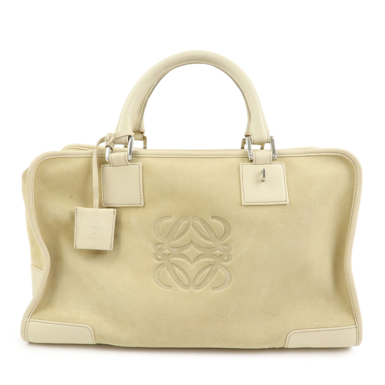 LOEWE Amazona 36 Suede Leather Boston Bag Hand Bag Beige Ivory