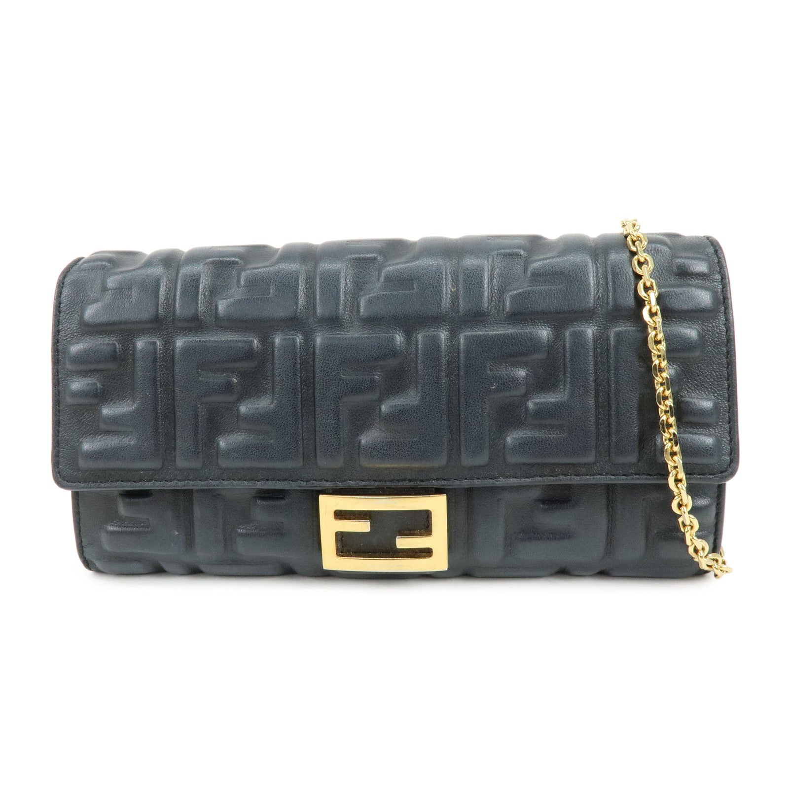 FENDI Baguette Zucca Embossed Leather Chain Long Wallet Black 8M0365