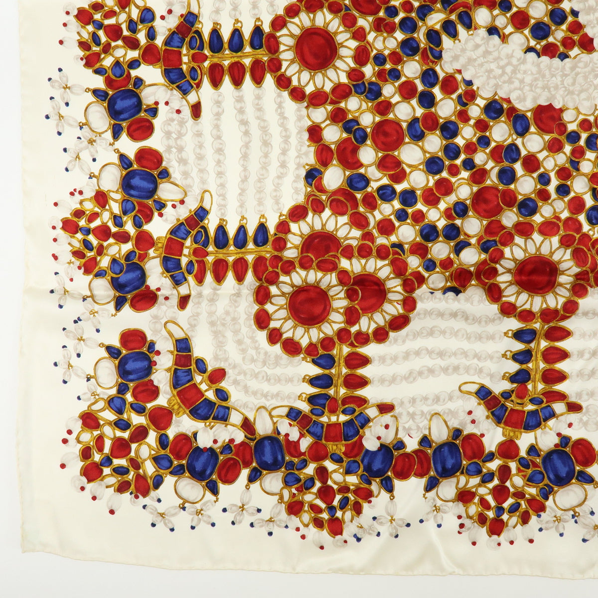 CHANEL COCO Mark Silk 100% Scarf Pearl Jewerly Motif White Red Blue