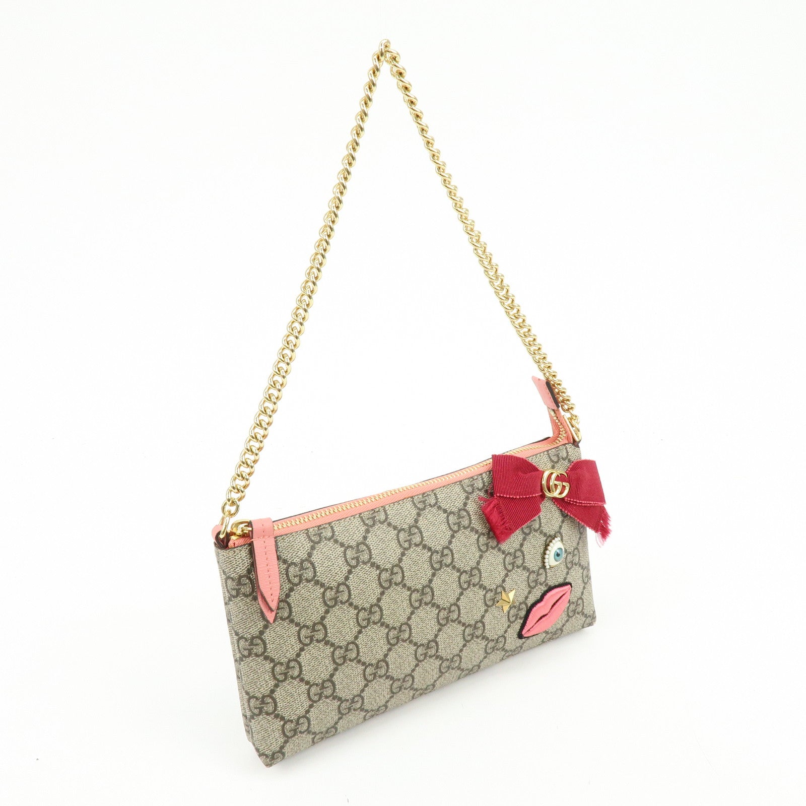 GUCCI Double G GG Supreme Leather Chain Shoulder Bag Ribbon Pink 431396