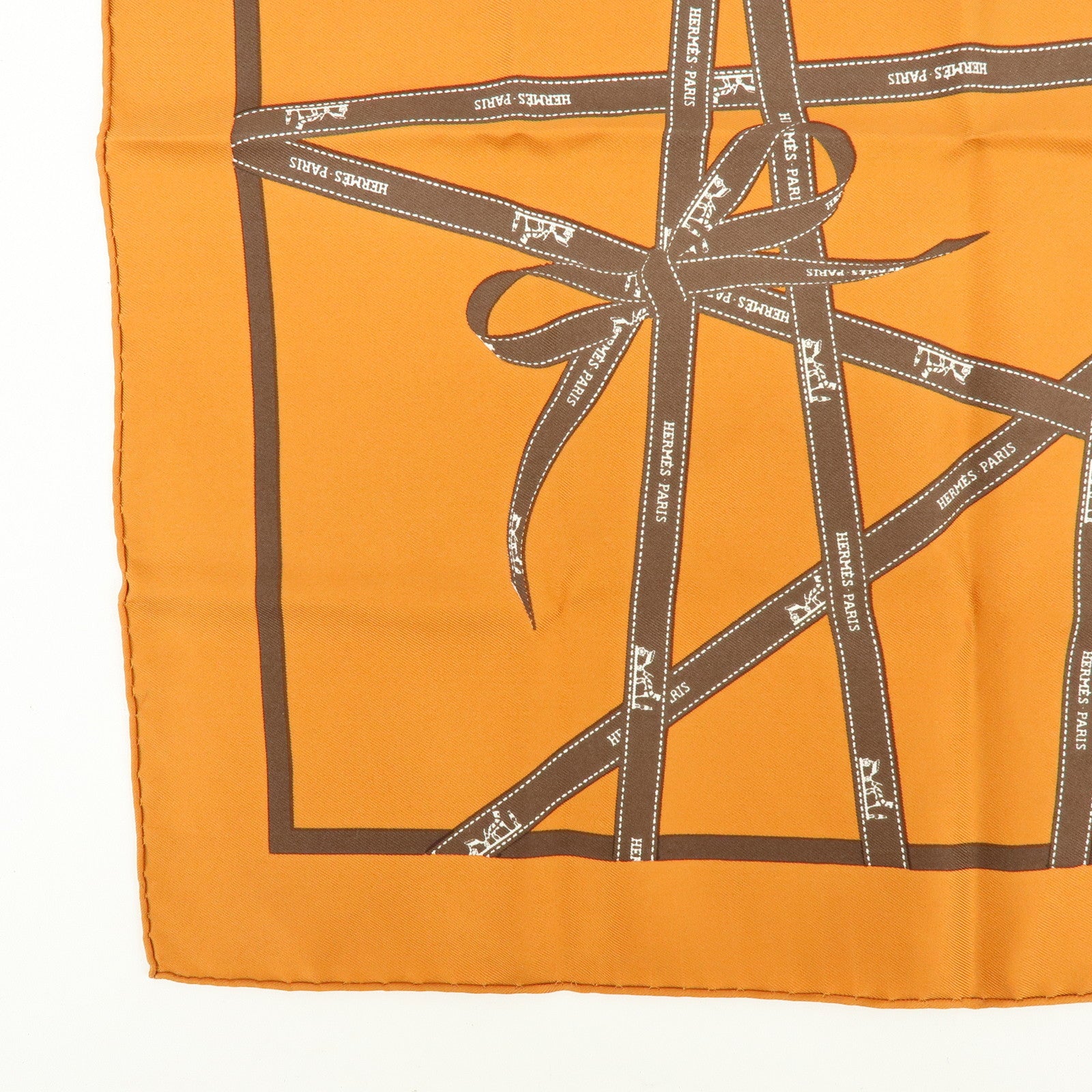 HERMES Carre 45 Bolduc Silk 100% Scarf Ribbon Pattern Orange Brown