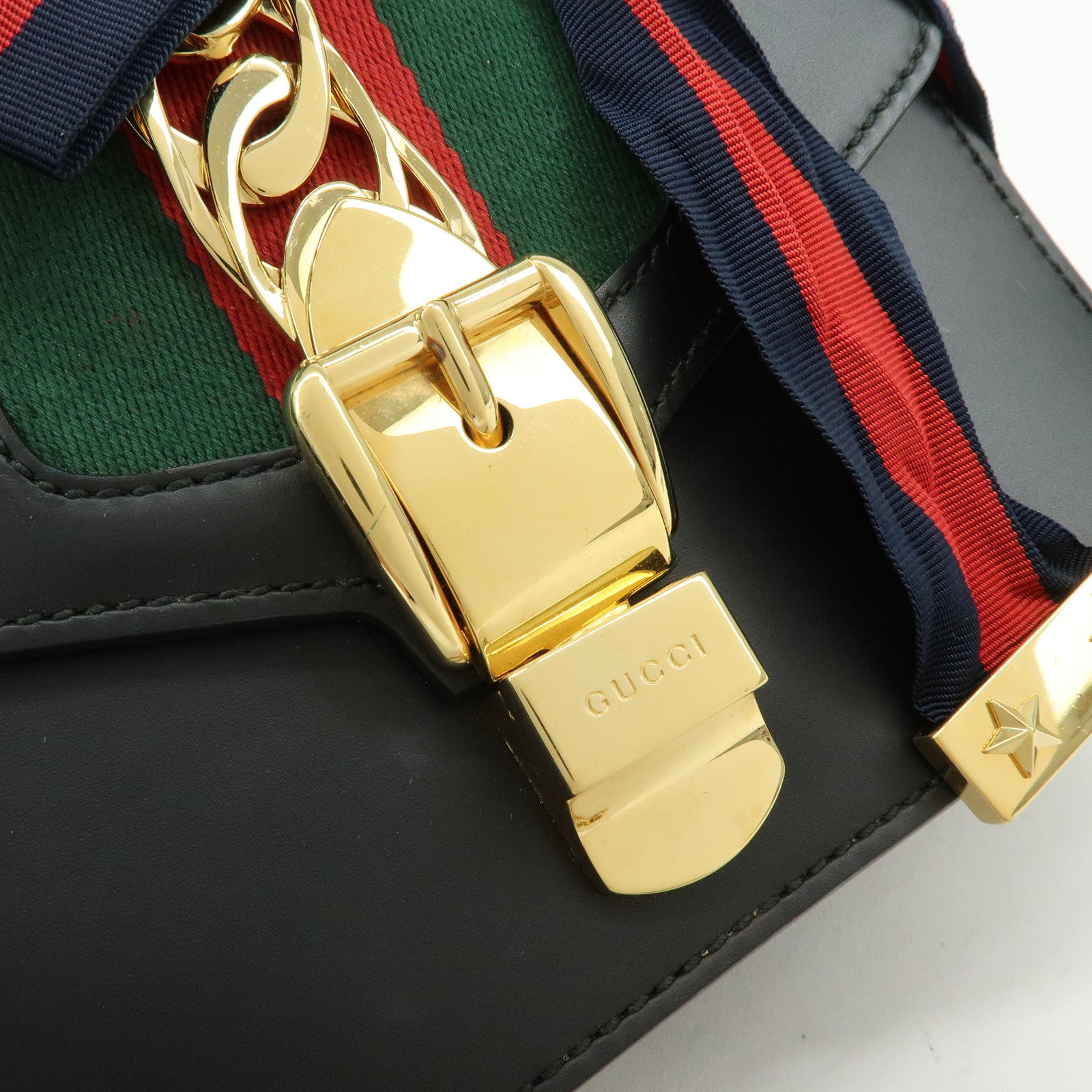 GUCCI Sylvie Sherry Calf Leather Chain Shoulder Bag Black 431666