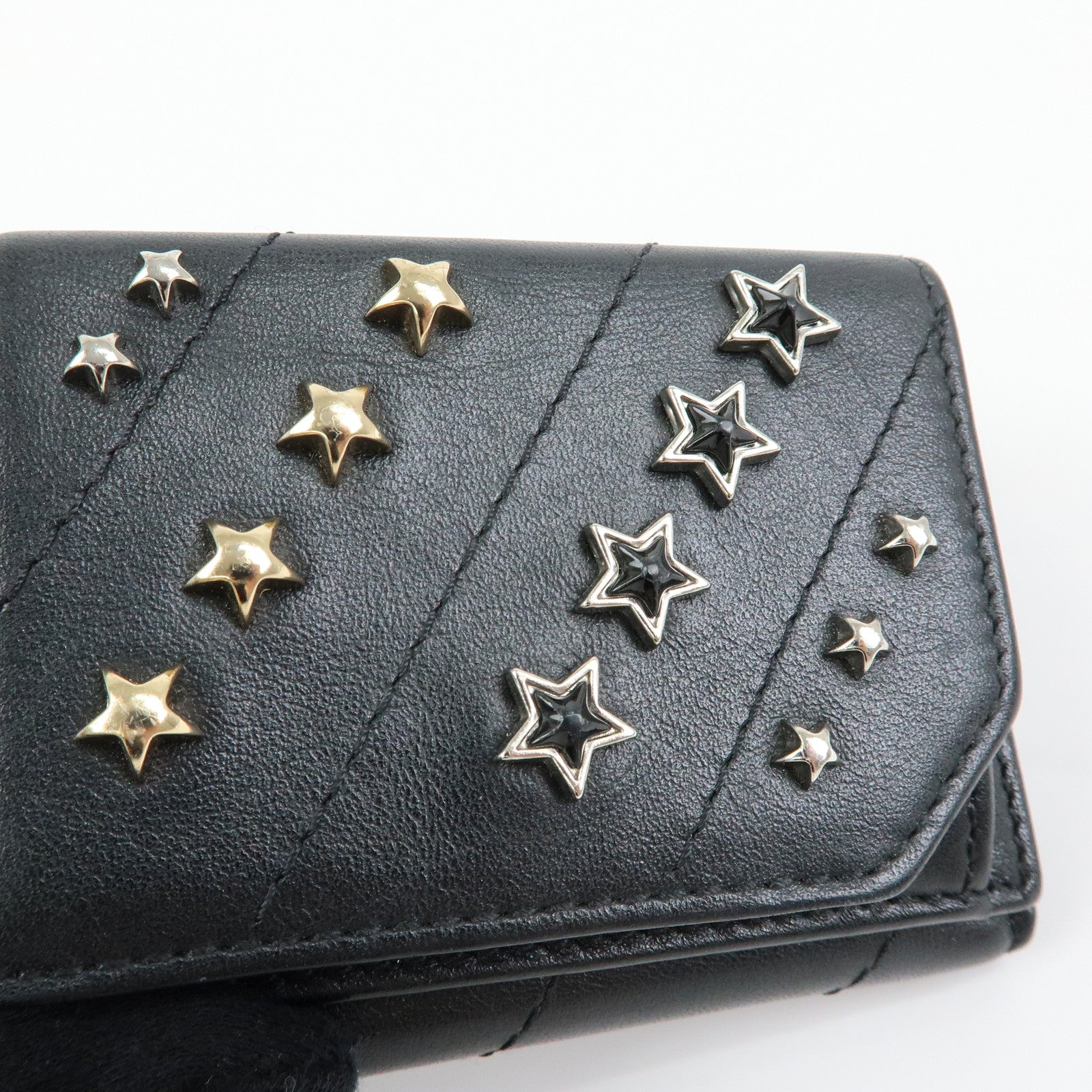 JIMMY CHOO Star Studs Leather Compact Tri-fold Wallet Black