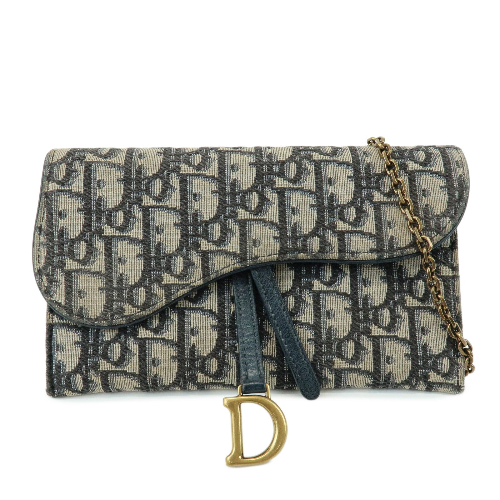 Christian Dior Oblique Saddle Canvas Leather Chain Wallet WOC Navy