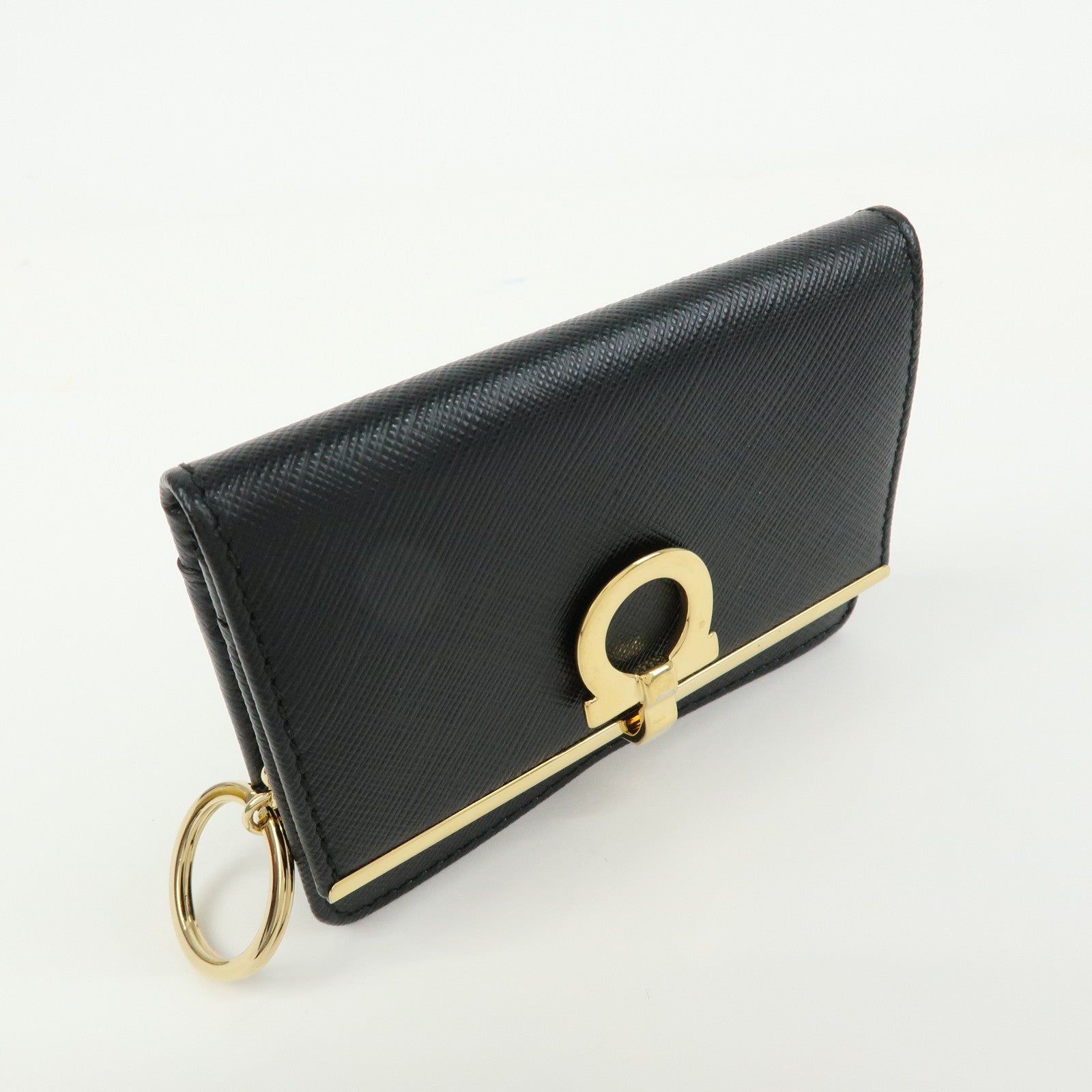 Ferragamo Gancini Embossed Leather Card Case Card Holder Black