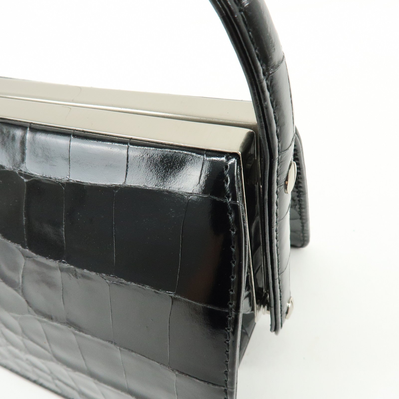 GIANNI VERSACE Embossed Leather Kiss Lock Top Handle Hand Bag Black